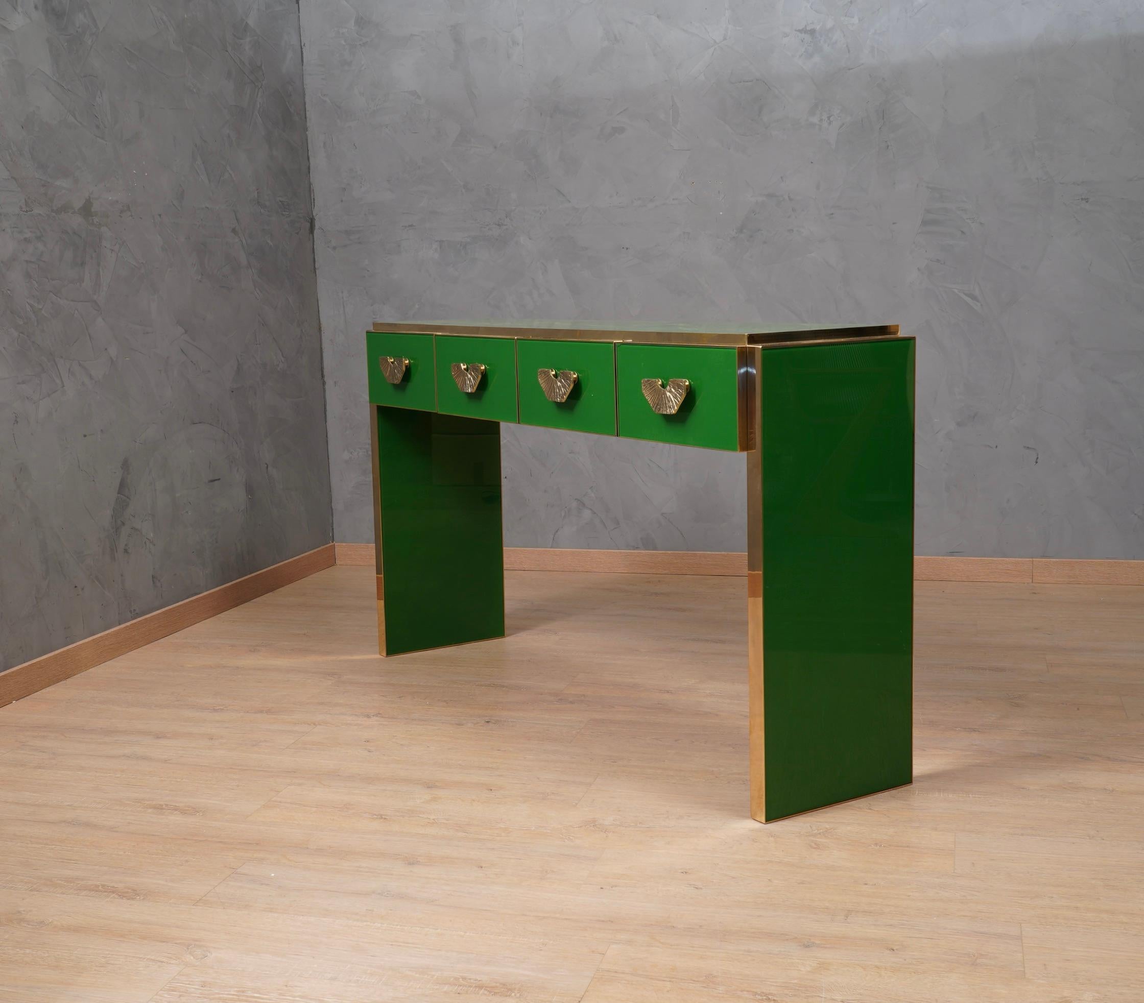 MidCentury Square Green Color Glass and Brass Console Table, 2020 For ...