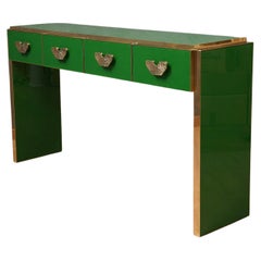 MidCentury Square Green Color Glass and Brass Console Table, 2020