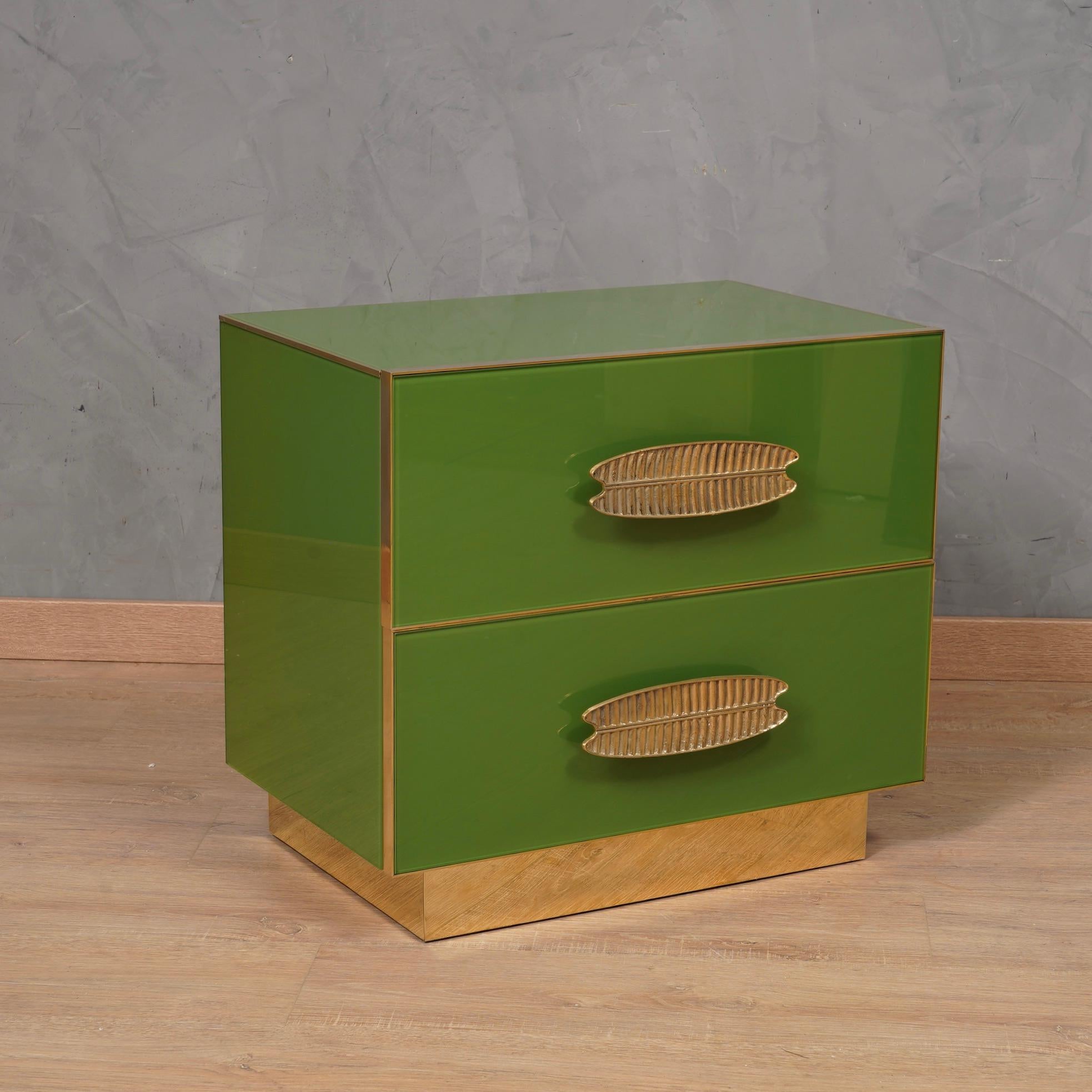 Mid-Century Modern MidCentury Square Green Color Glass and Brass Night Stand, 2020