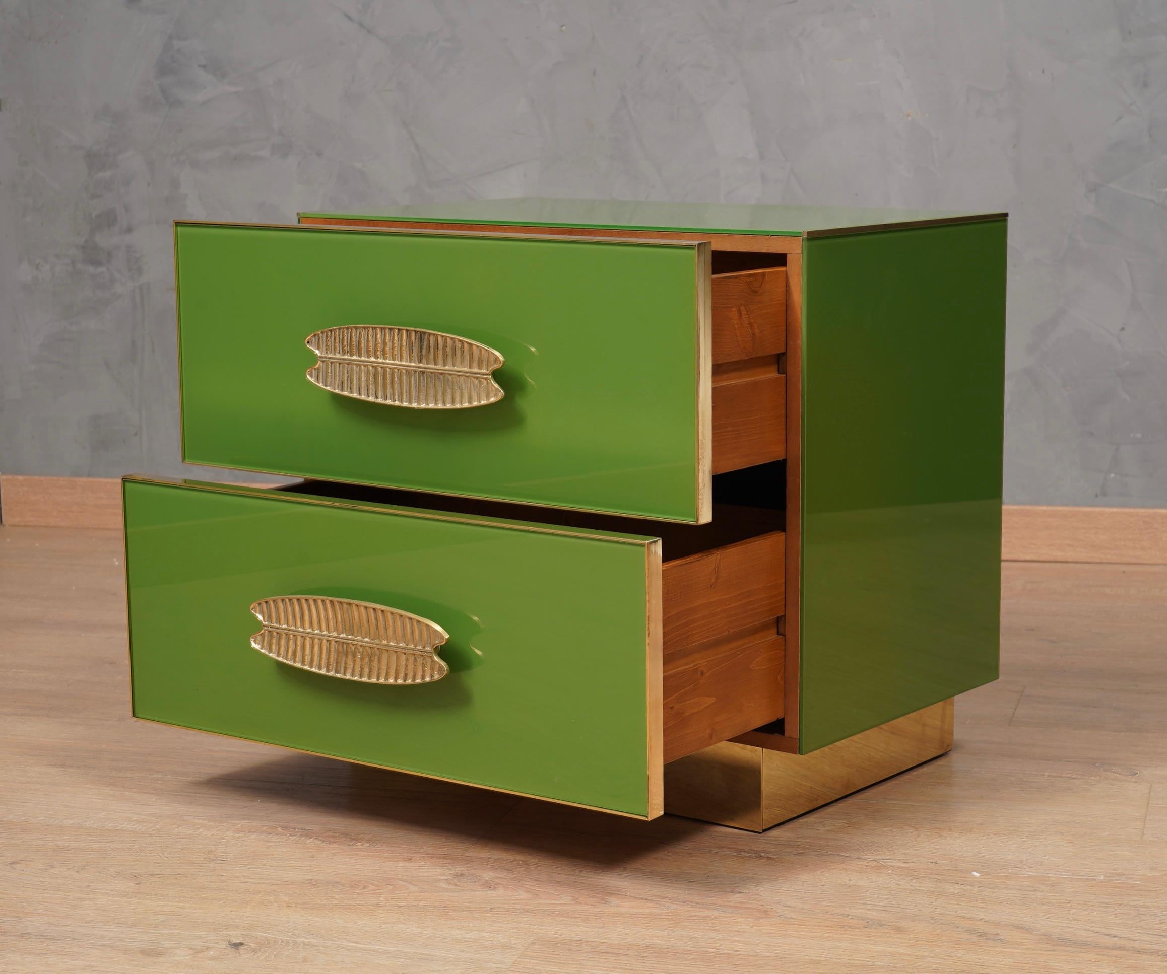 MidCentury Square Green Color Glass and Brass Night Stand, 2020 In Good Condition In Rome, IT