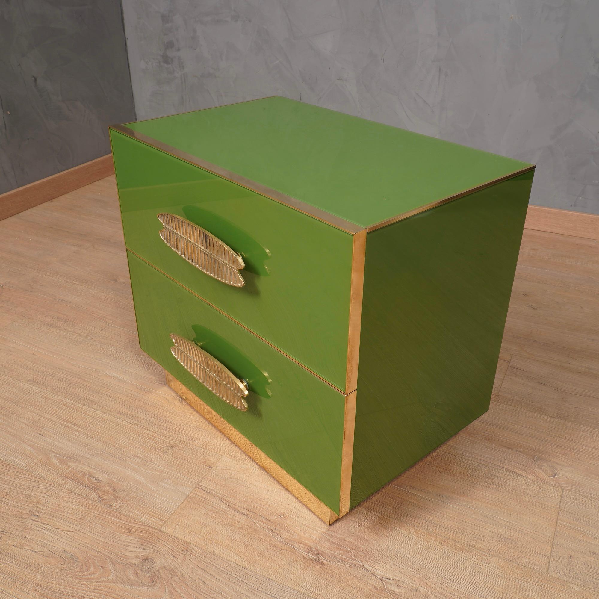 MidCentury Square Green Color Glass and Brass Night Stand, 2020 1