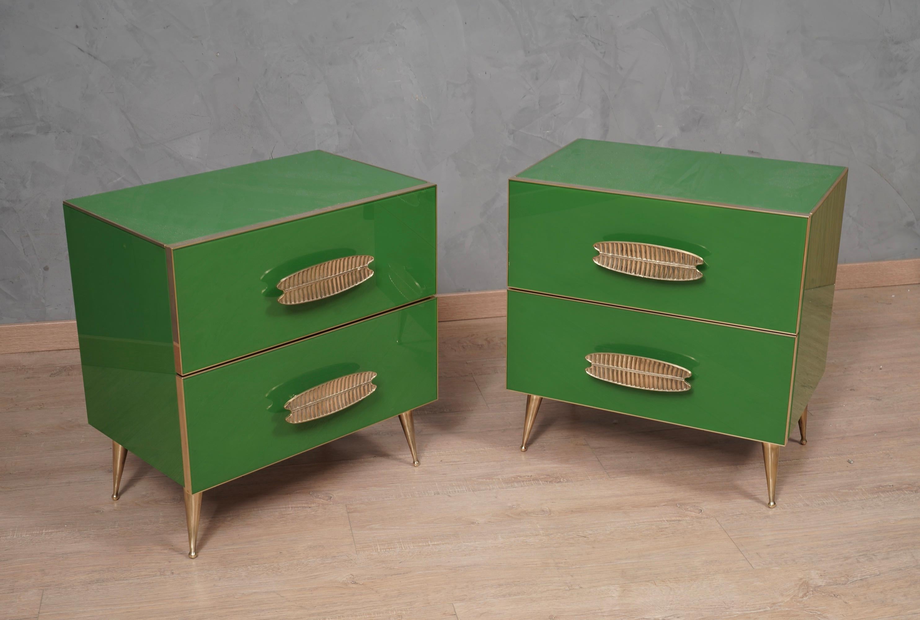 Mid-Century Modern MidCentury Square Green Color Glass and Brass Night Stand, 2000
