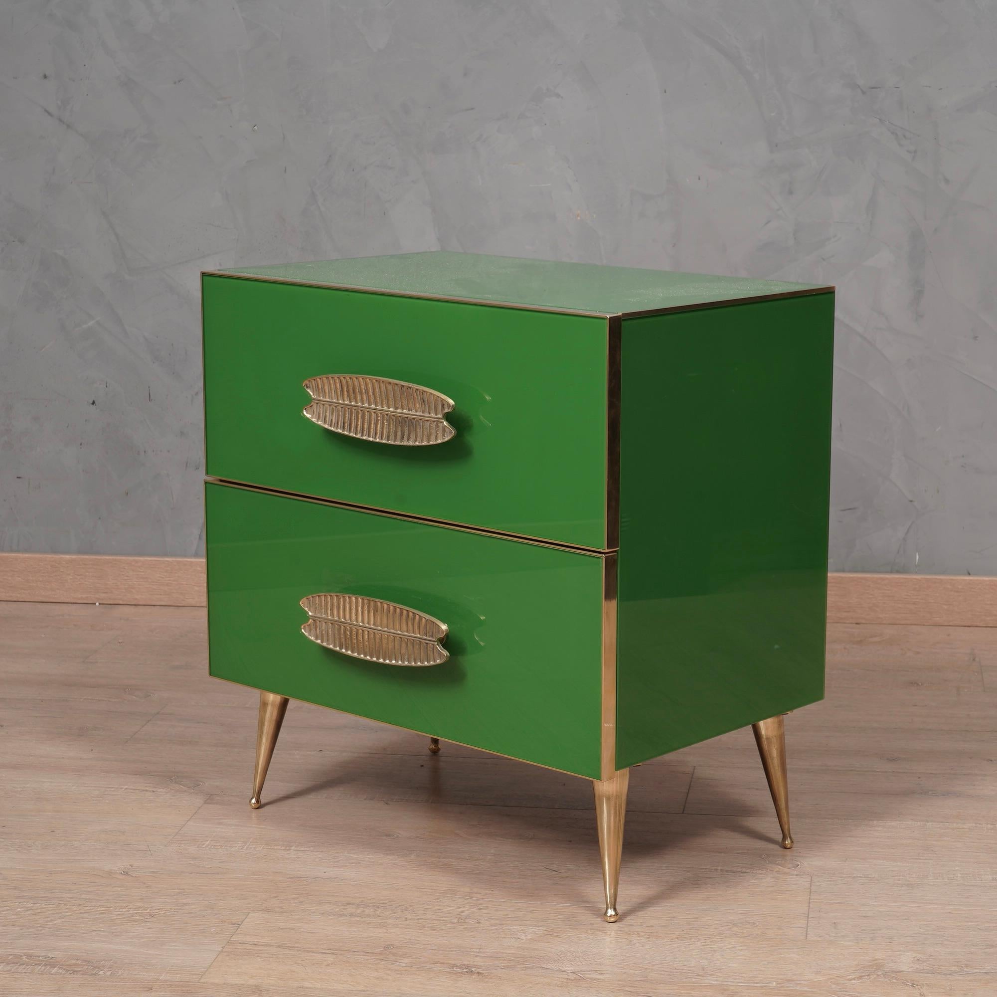 Italian MidCentury Square Green Color Glass and Brass Night Stand, 2000