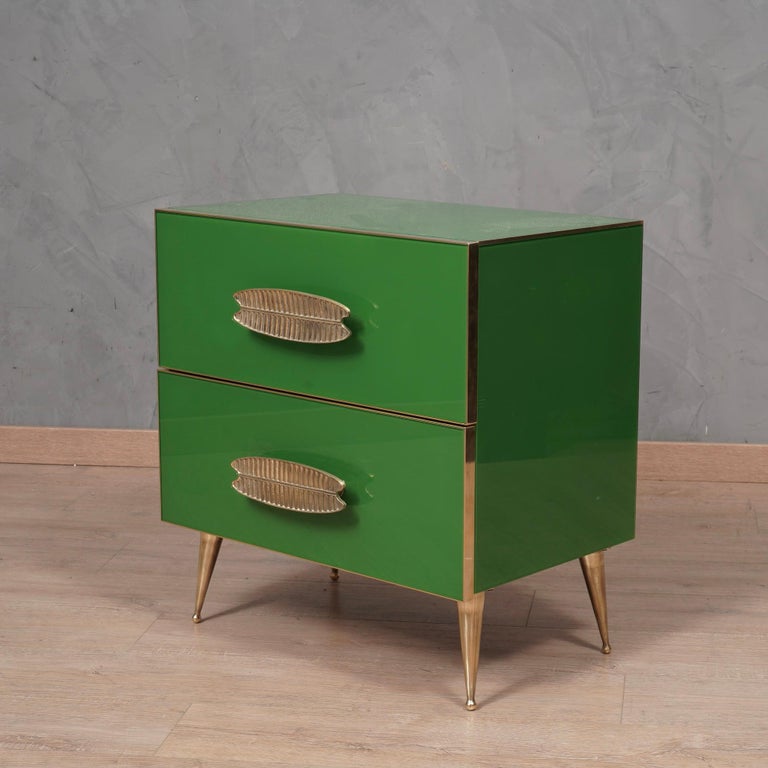 MidCentury Square Green Color Glass and Brass Night Stand, 2000 For