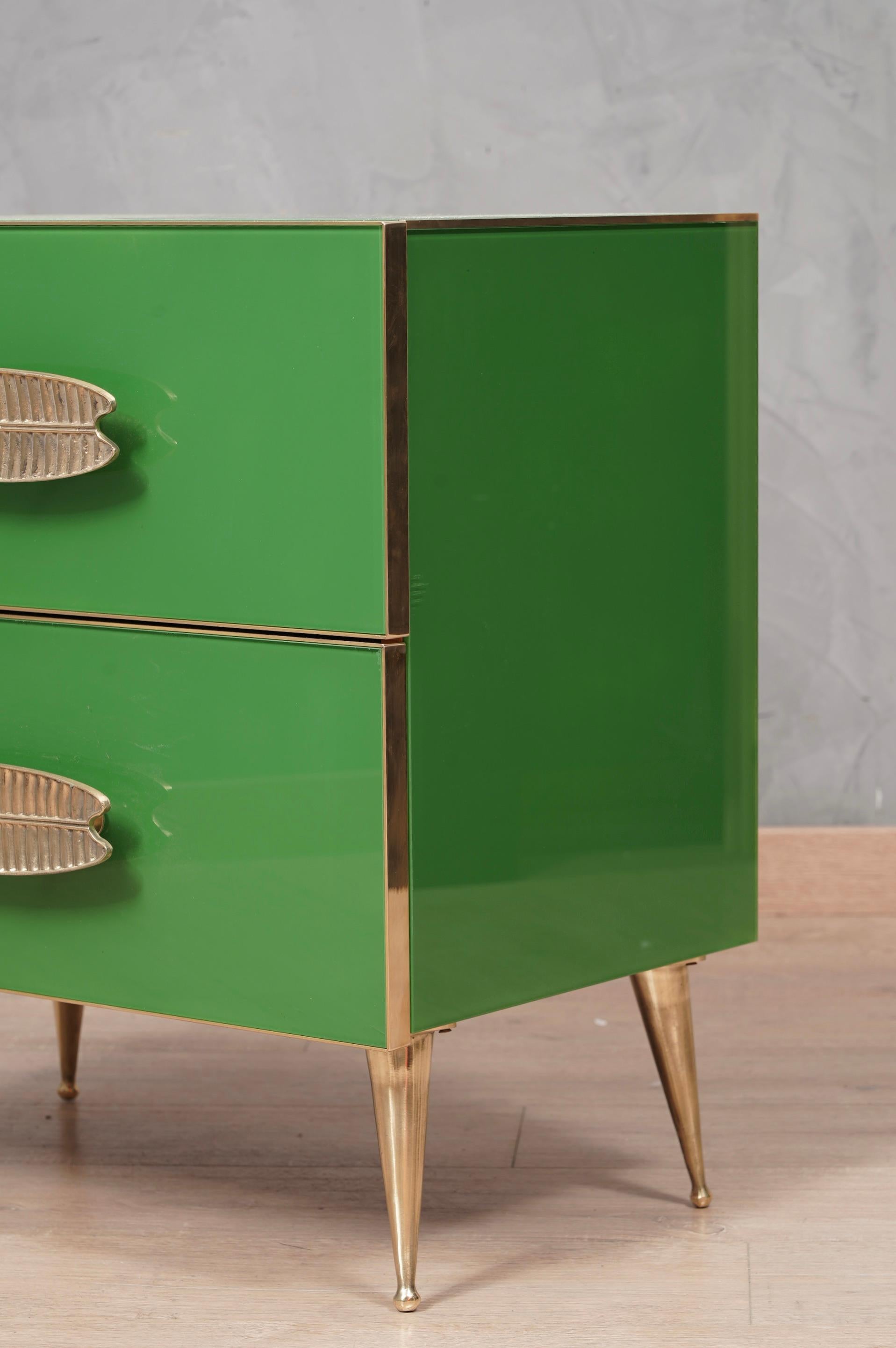 MidCentury Square Green Color Glass and Brass Night Stand, 2000 In Good Condition In Rome, IT