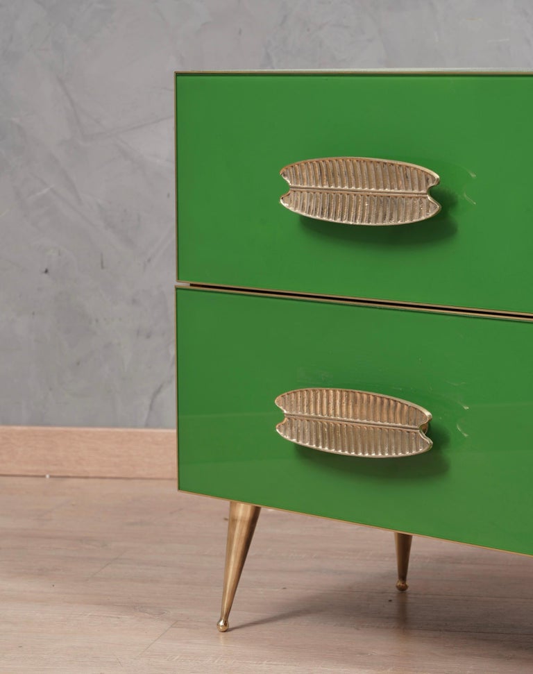 MidCentury Square Green Color Glass and Brass Night Stand, 2000 For