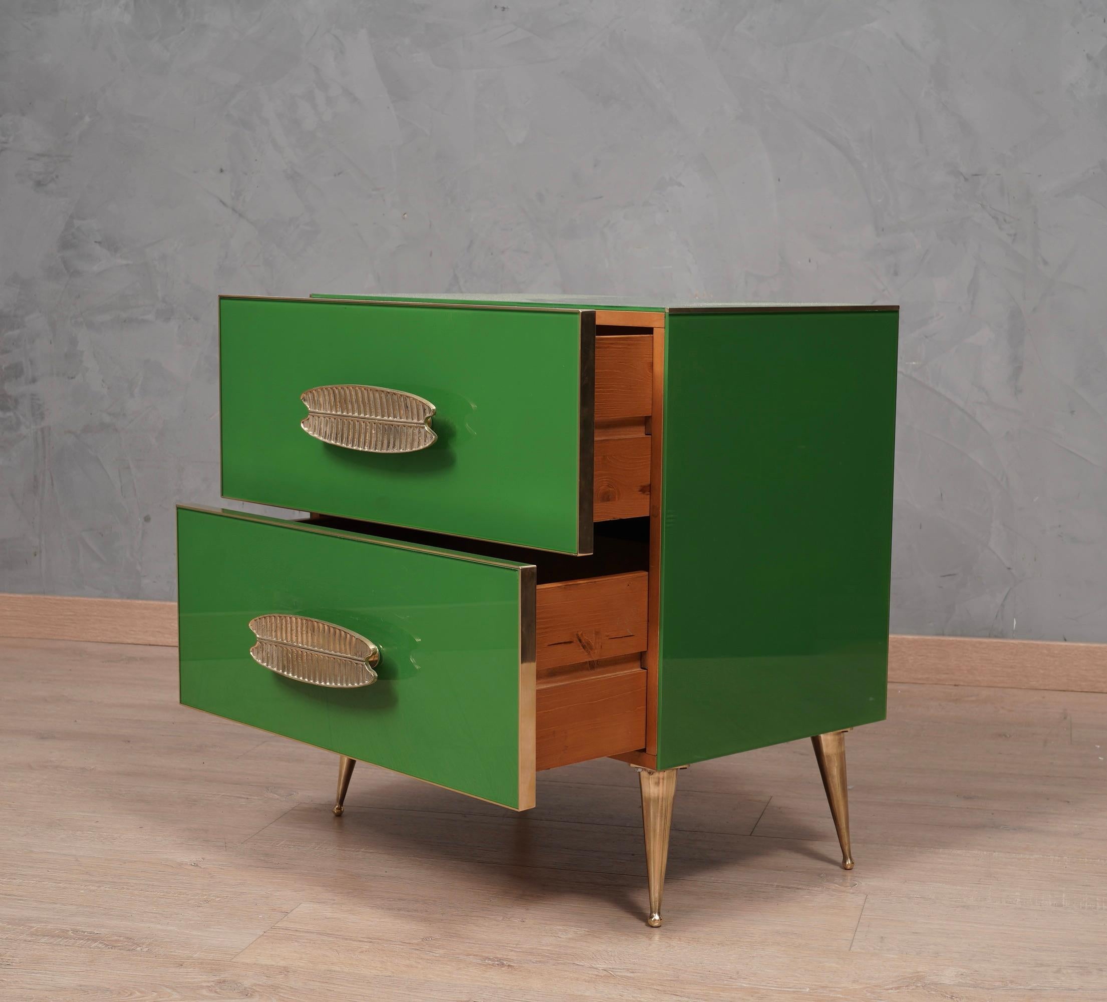 MidCentury Square Green Color Glass and Brass Night Stand, 2000 1