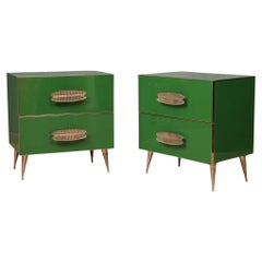 MidCentury Square Green Color Glass and Brass Night Stand, 2000