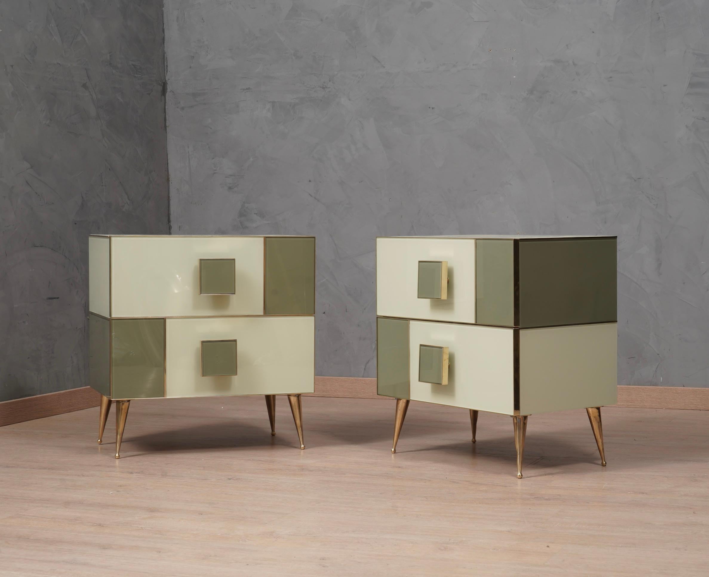MidCentury Square White and Dove-Gray Color Glass and Brass Night Stand, 2020 4