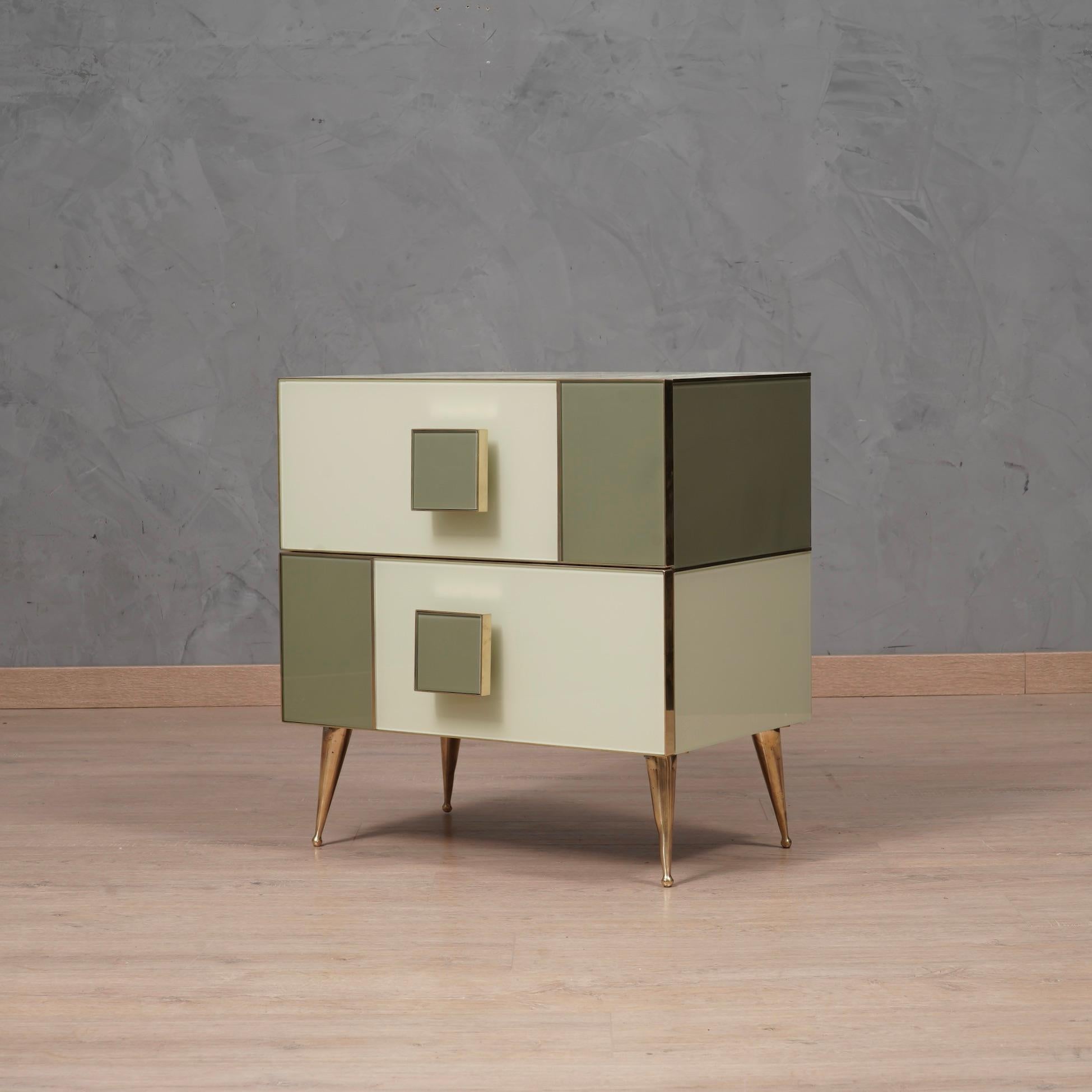MidCentury Square White and Dove-Gray Color Glass and Brass Night Stand, 2020 5