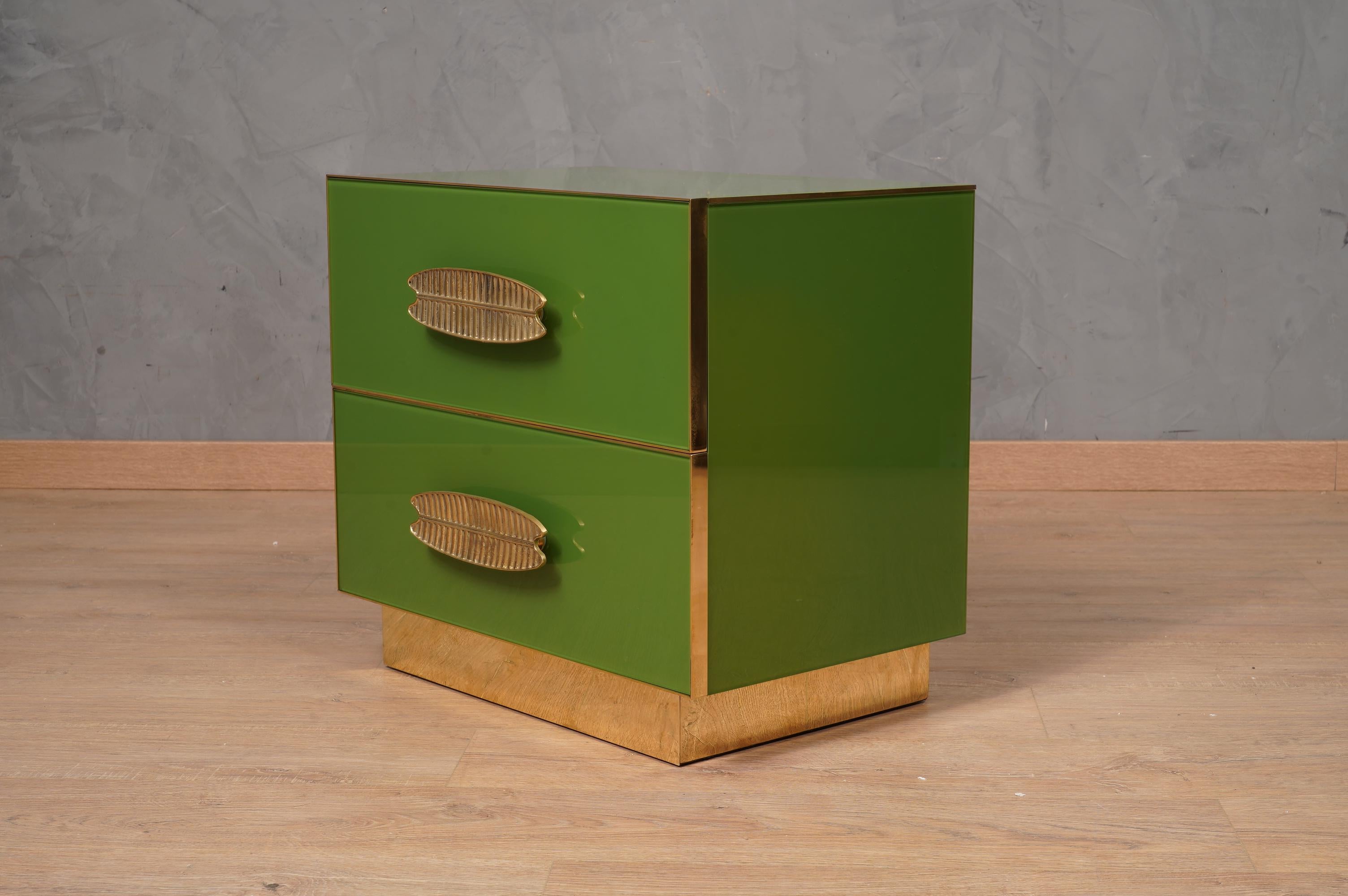 Italian MidCentury Square Green Color Glass and Brass Night Stand, 2020