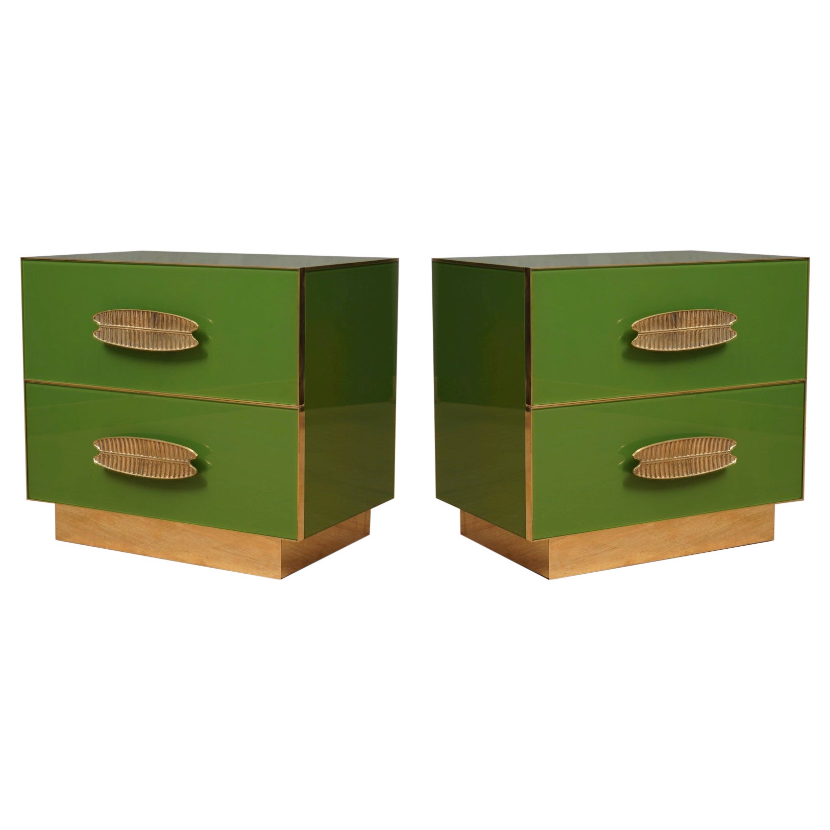 MidCentury Square Green Color Glass and Brass Night Stand, 2020