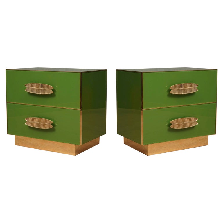 MidCentury Square Green Color Glass and Brass Night Stand, 2020 For