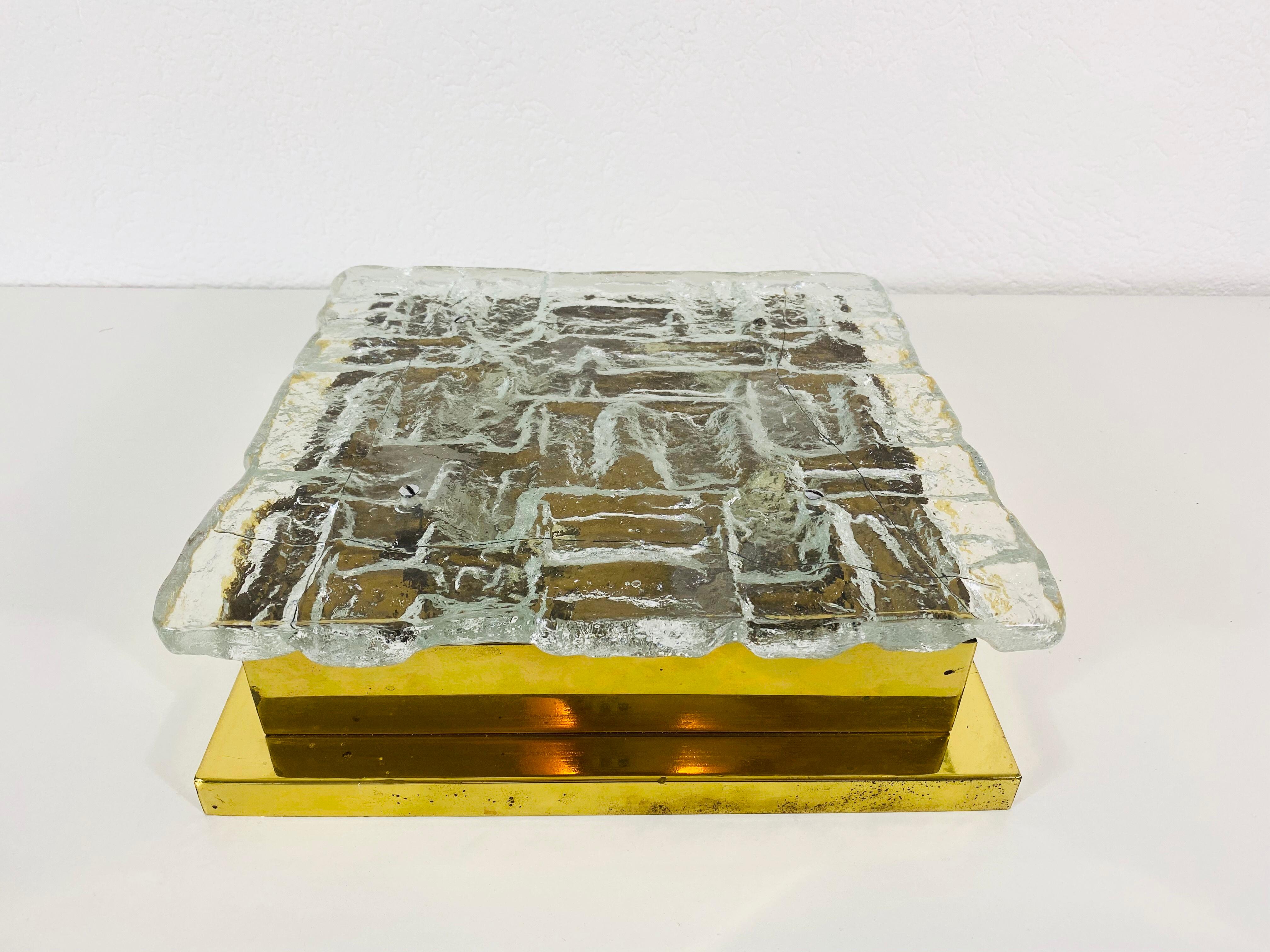 German Midcentury Square Ice Glass Flushmount by J.T. Kalmar, 1960s