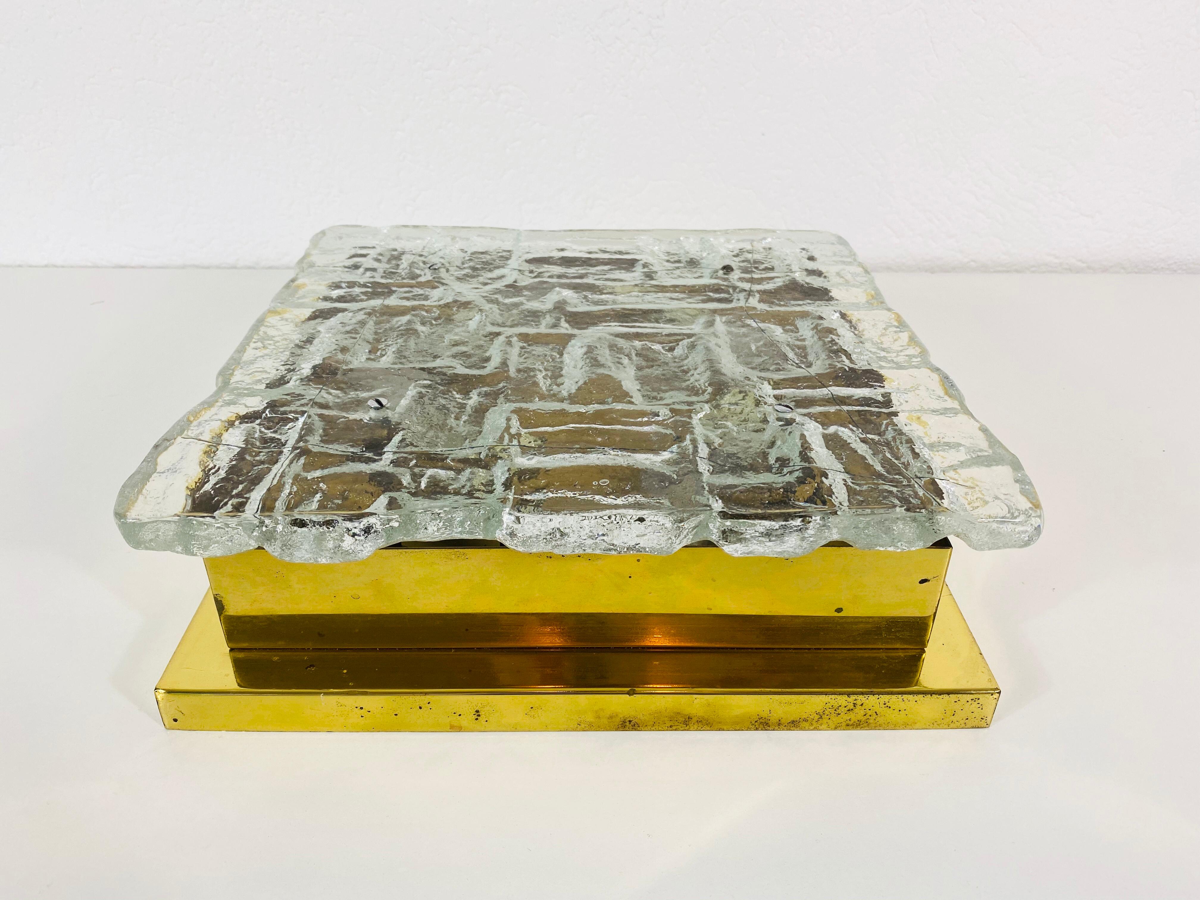 Midcentury Square Ice Glass Flushmount by J.T. Kalmar, 1960s In Fair Condition In Hagenbach, DE
