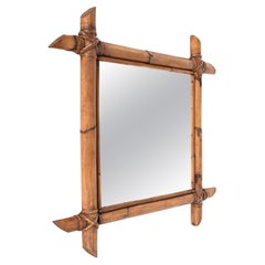Midcentury Square Italian Mirror with Bamboo Woven Wicker Frame, 1950s