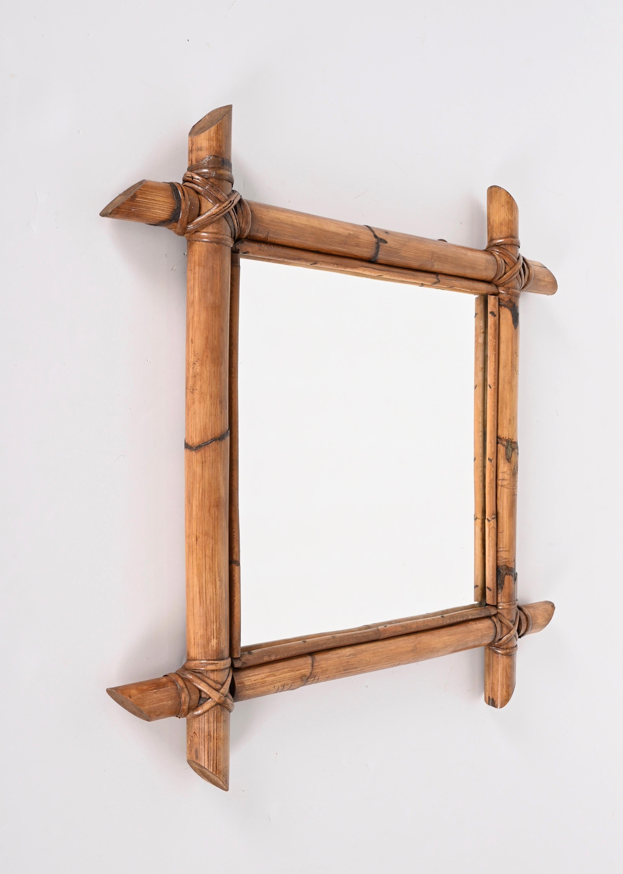 Midcentury Square Italian Mirror with Bamboo Woven Wicker Frame, 1950s For Sale 6