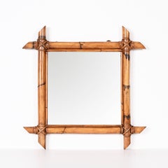 Midcentury Square Italian Mirror with Bamboo Woven Wicker Frame, 1950s