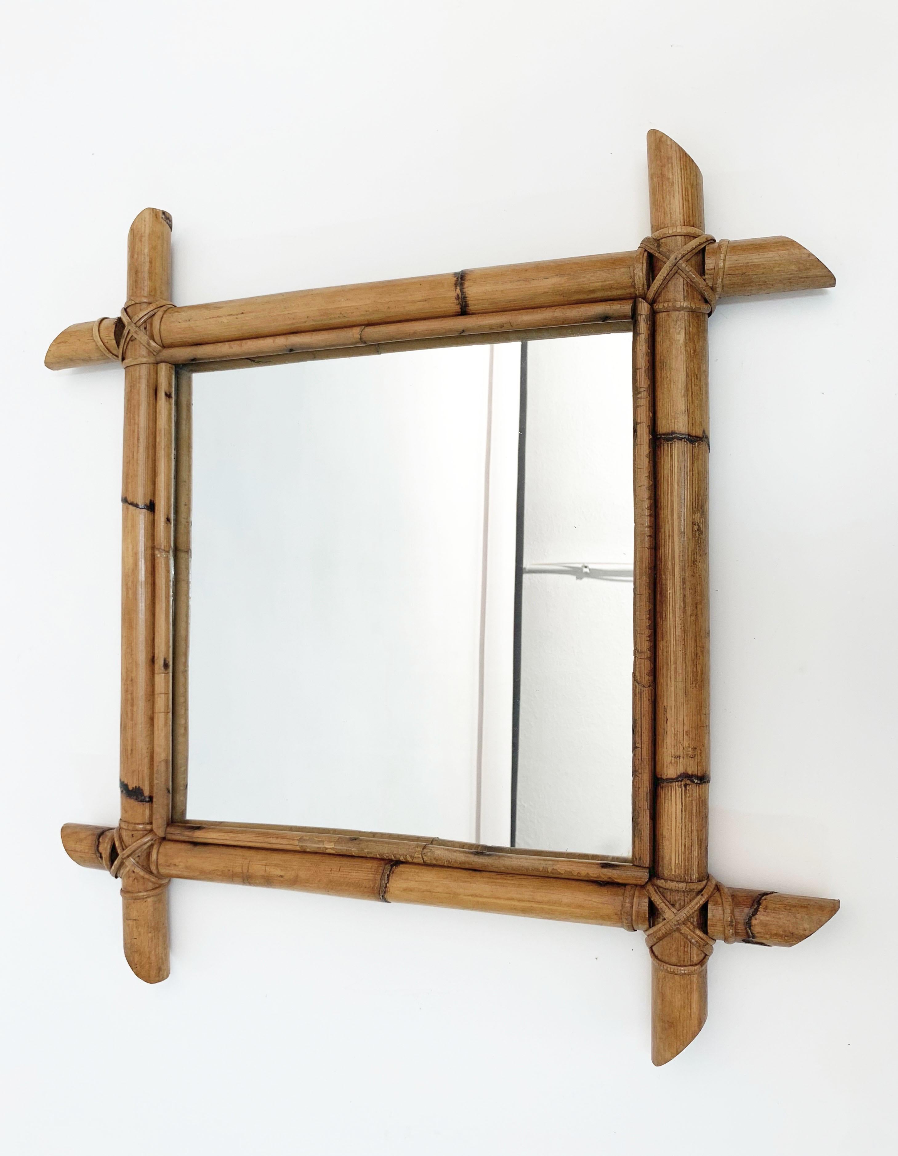Mid-Century Modern Midcentury Square Italian Mirror with Bamboo Woven Wicker Frame, 1970s