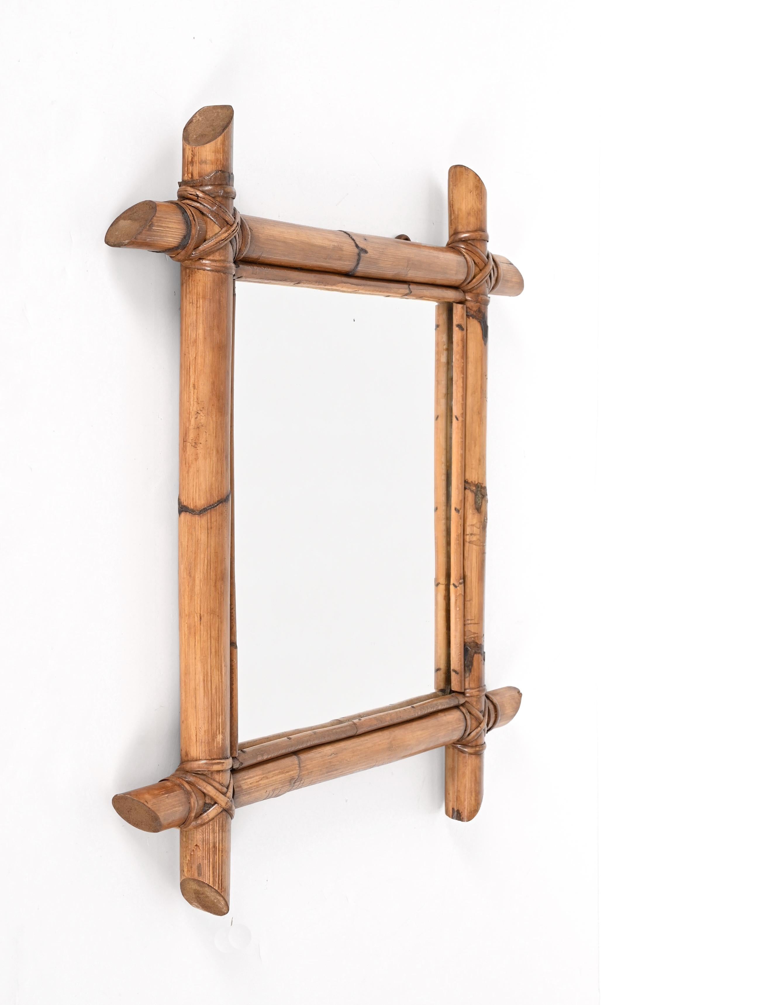 Midcentury Square Italian Mirror with Bamboo Woven Wicker Frame, 1950s For Sale 1