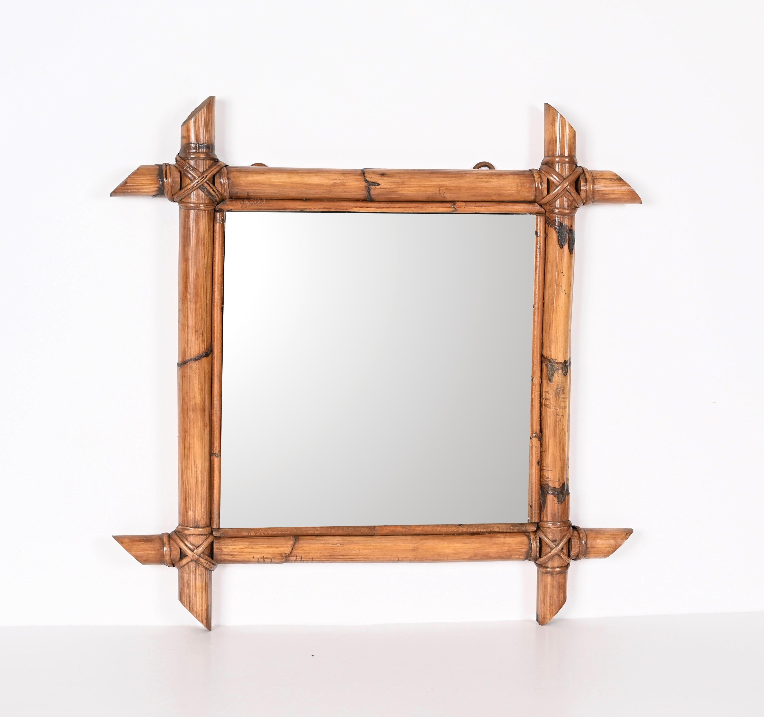 Midcentury Square Italian Mirror with Bamboo Woven Wicker Frame, 1950s For Sale 2