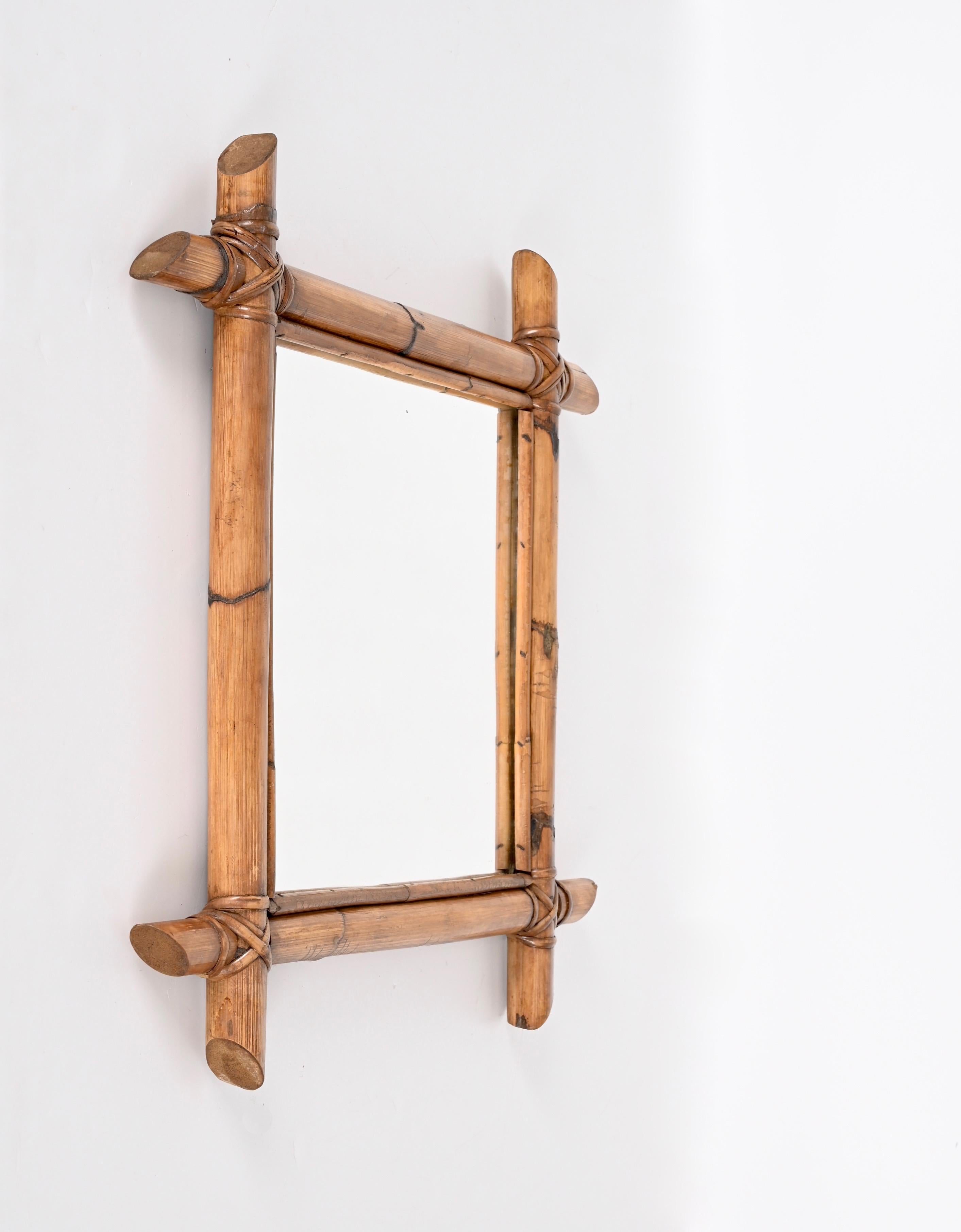Midcentury Square Italian Mirror with Bamboo Woven Wicker Frame, 1950s For Sale 3