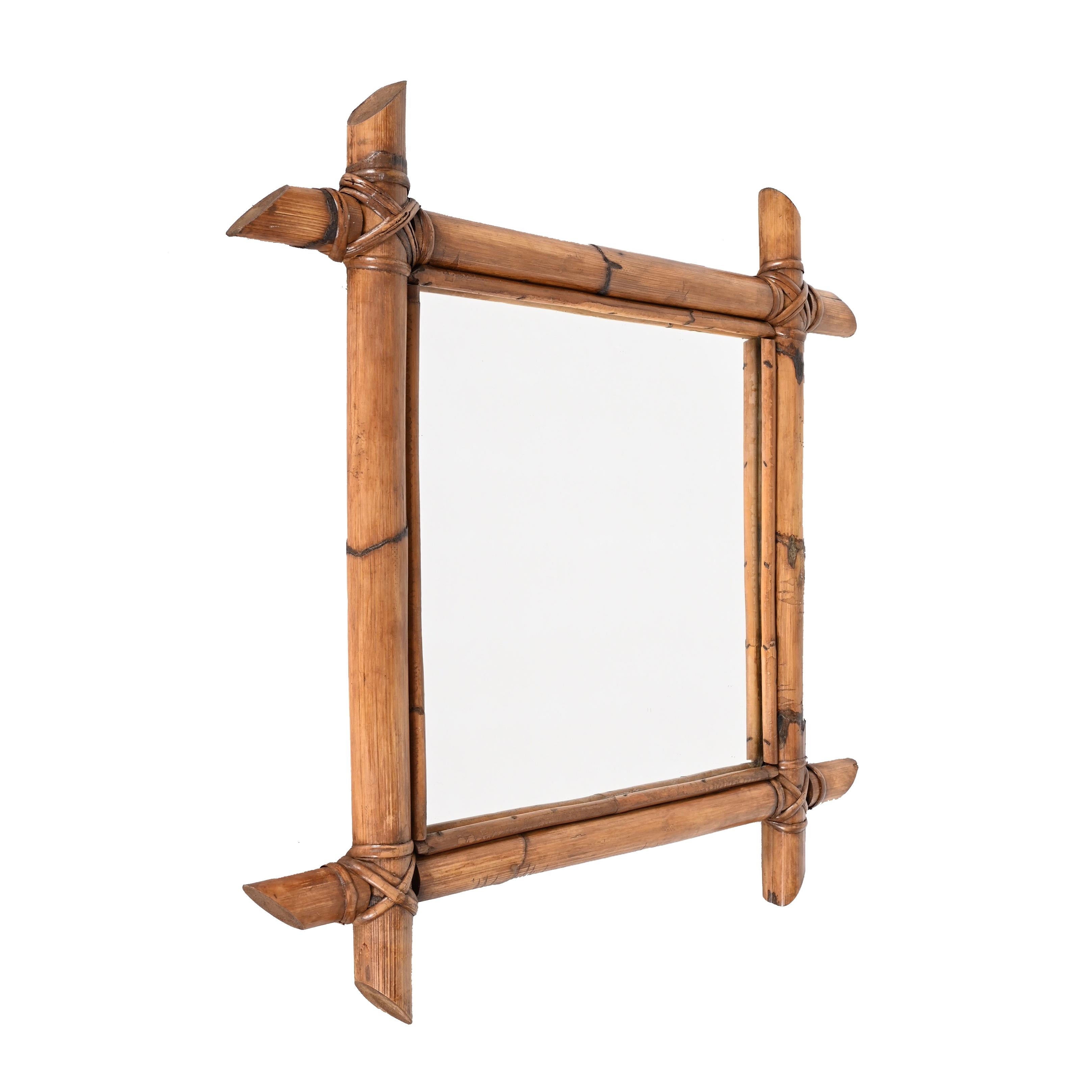 Midcentury Square Italian Mirror with Bamboo Woven Wicker Frame, 1950s For Sale 4