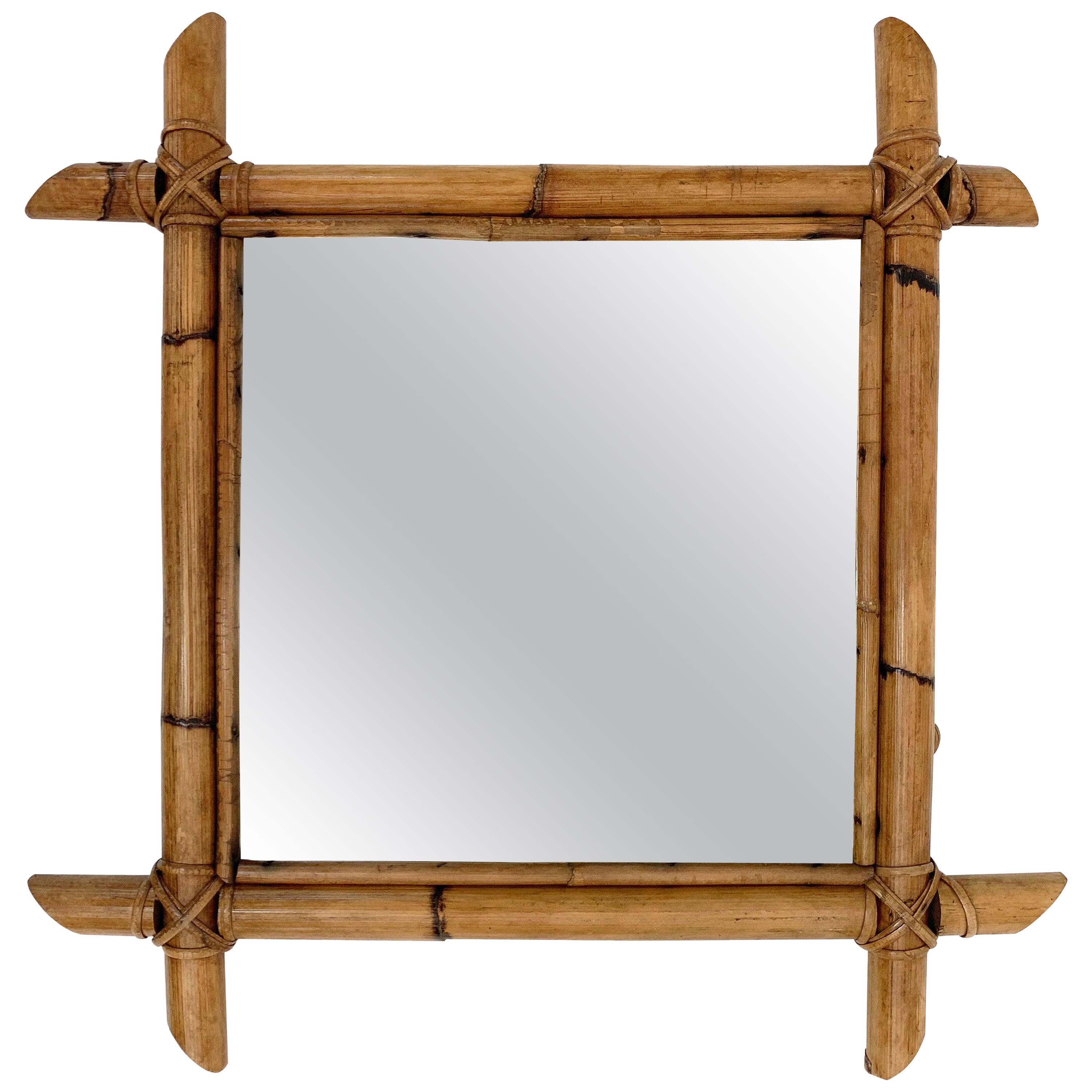 Midcentury Square Italian Mirror with Bamboo Woven Wicker Frame, 1970s