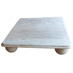 Midcentury Square Low Profile Travertine Stone Coffee Table Round Ball Legs