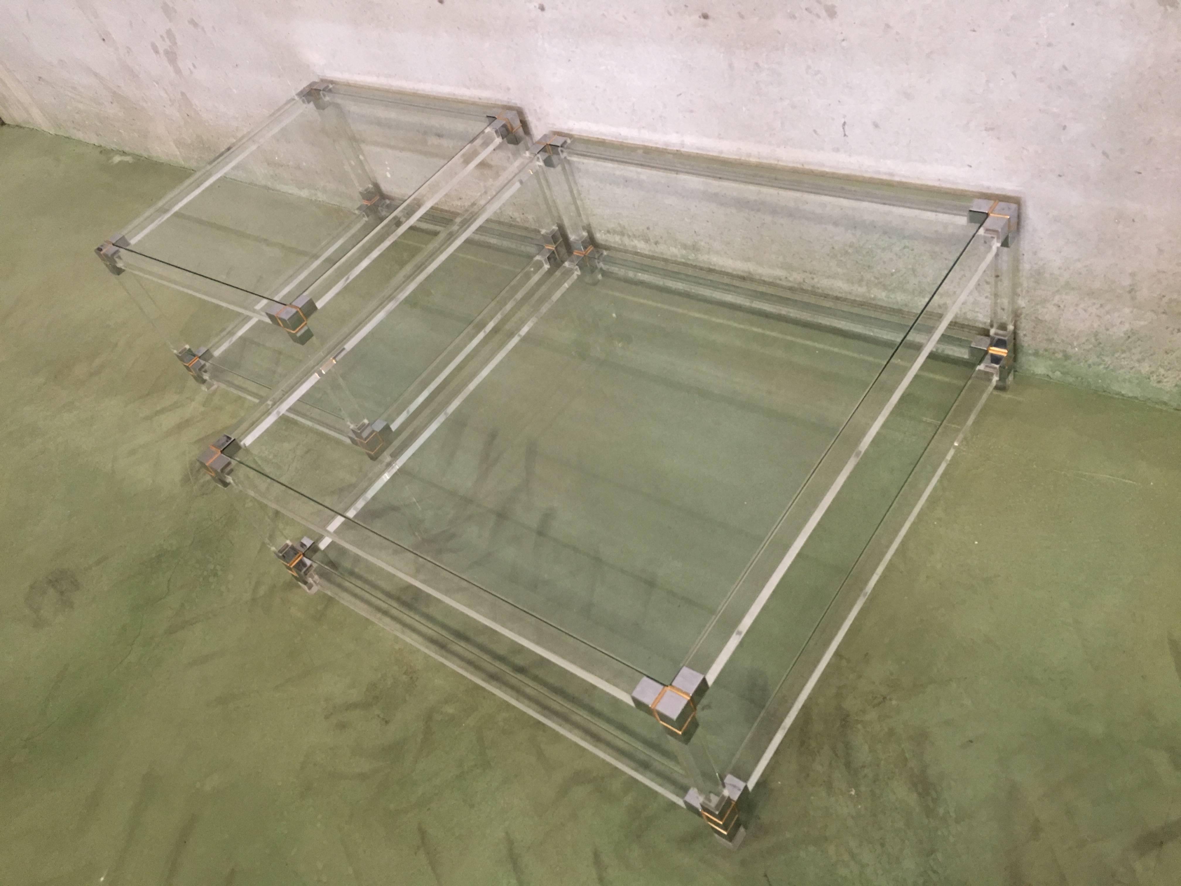 Midcentury Square Lucite Coffee Table with Chromed Metal Details For Sale 4