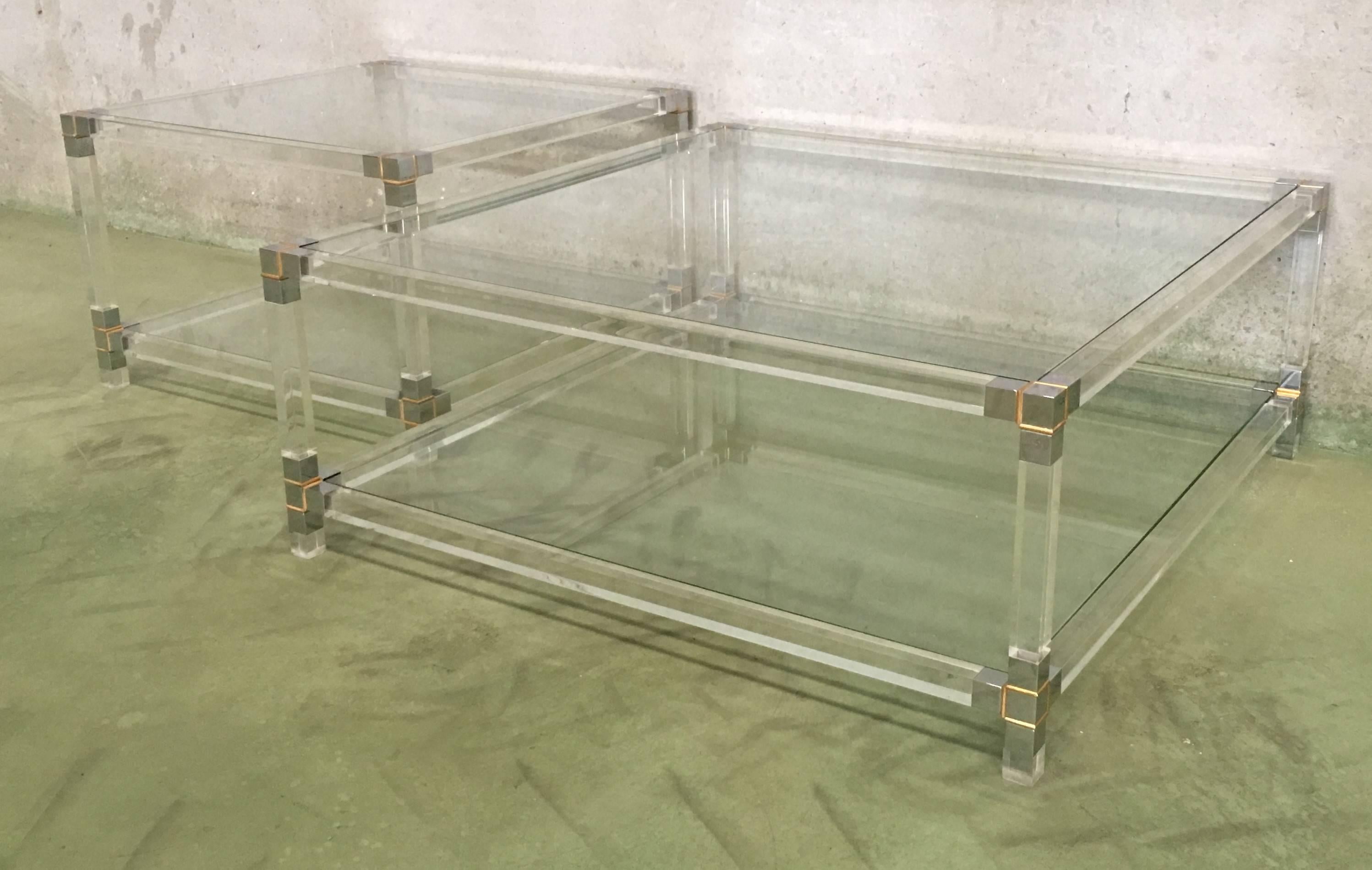 Midcentury Square Lucite Coffee Table with Chromed Metal Details For Sale 8