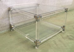 Midcentury Square Lucite Coffee Table with Chromed Metal Details