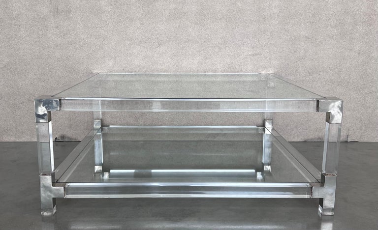 Midcentury Square Lucite Coffee Table with Chromed Metal Details For ...