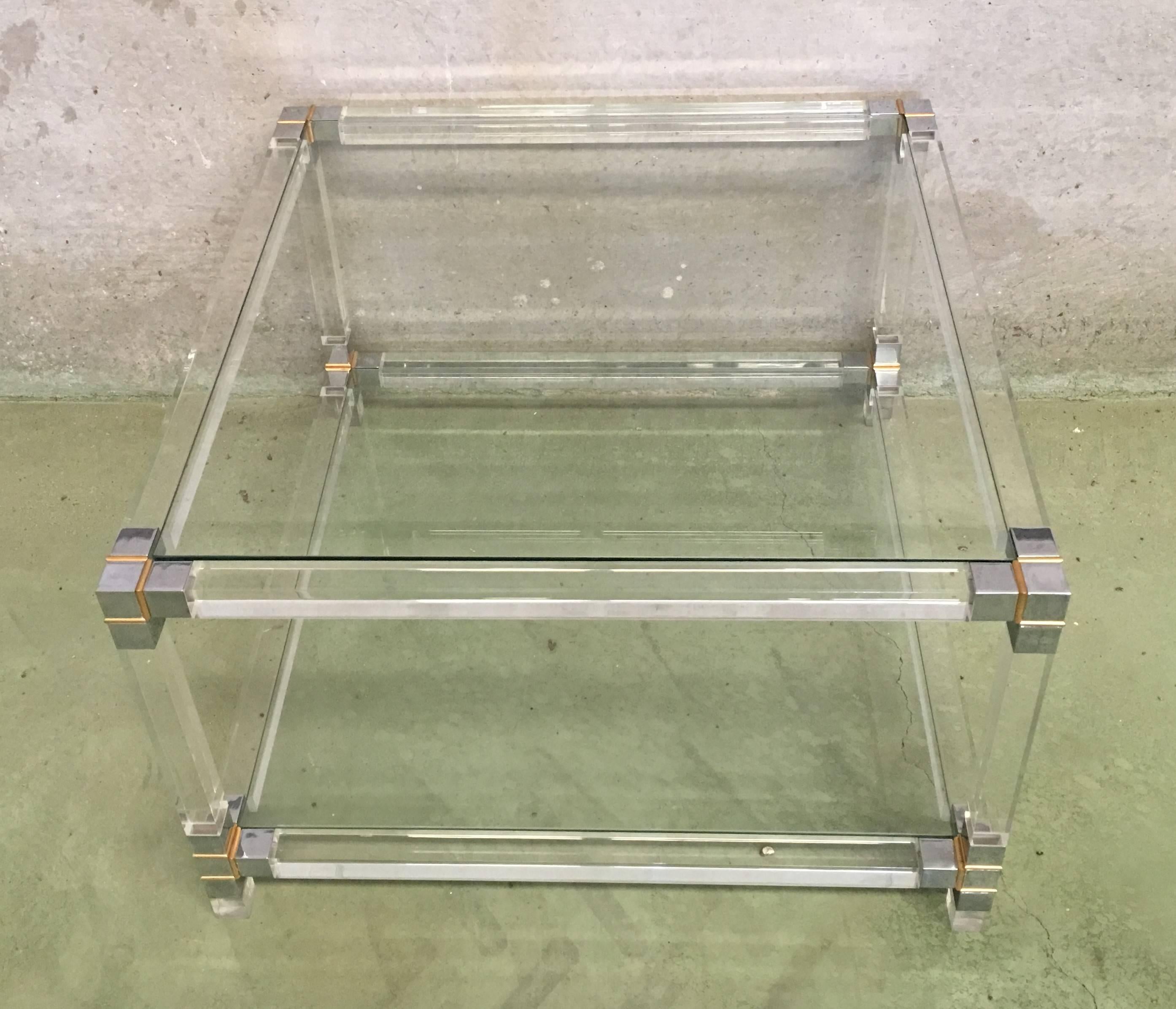 Midcentury Square Lucite Coffee Table with Chromed Metal Details In Excellent Condition For Sale In Miami, FL
