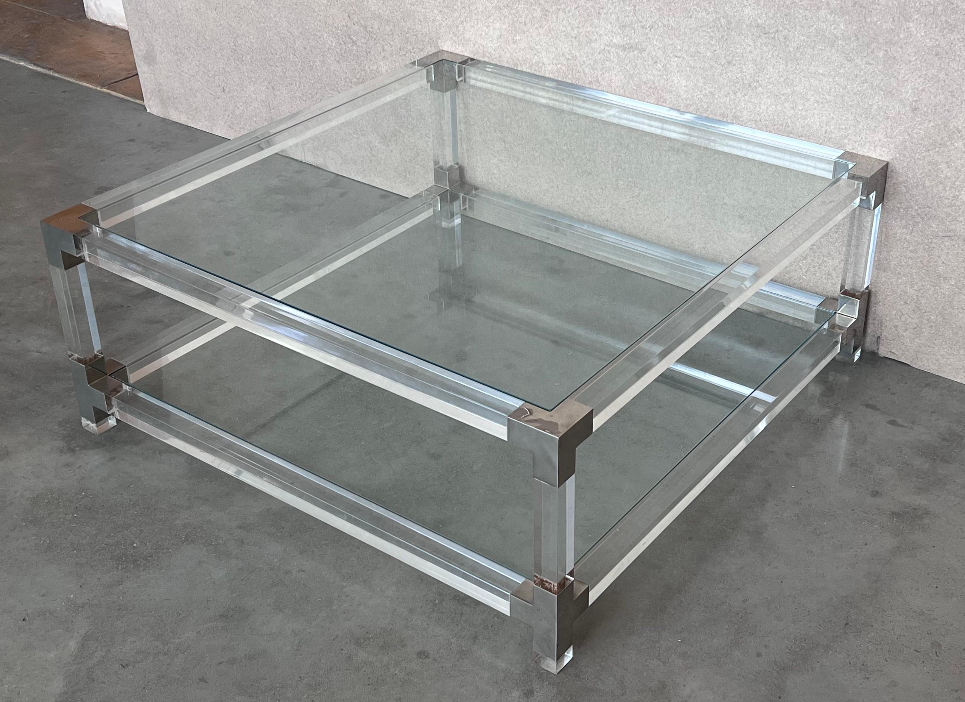 Brass Midcentury Square Lucite Coffee Table with Chromed Metal Details For Sale