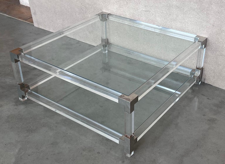 Midcentury Square Lucite Coffee Table with Chromed Metal Details For ...