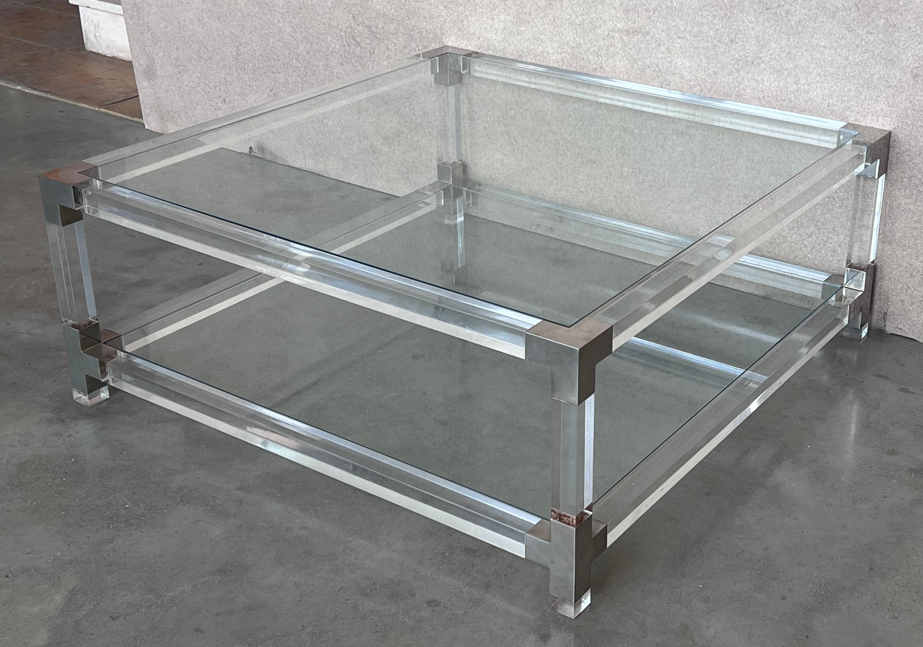 Midcentury Square Lucite Coffee Table with Chromed Metal Details For Sale 1