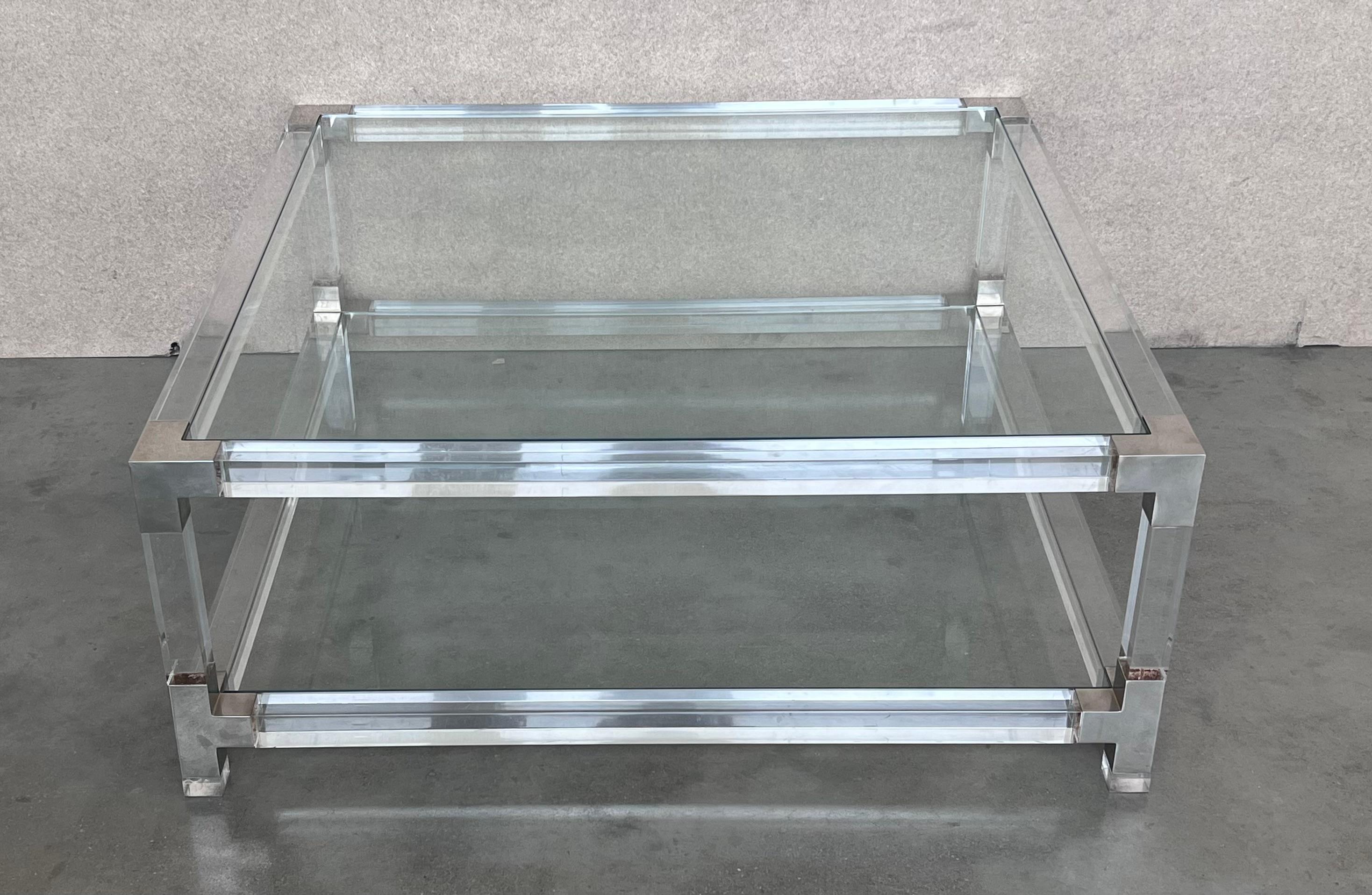 Midcentury Square Lucite Coffee Table with Chromed Metal Details For Sale 2