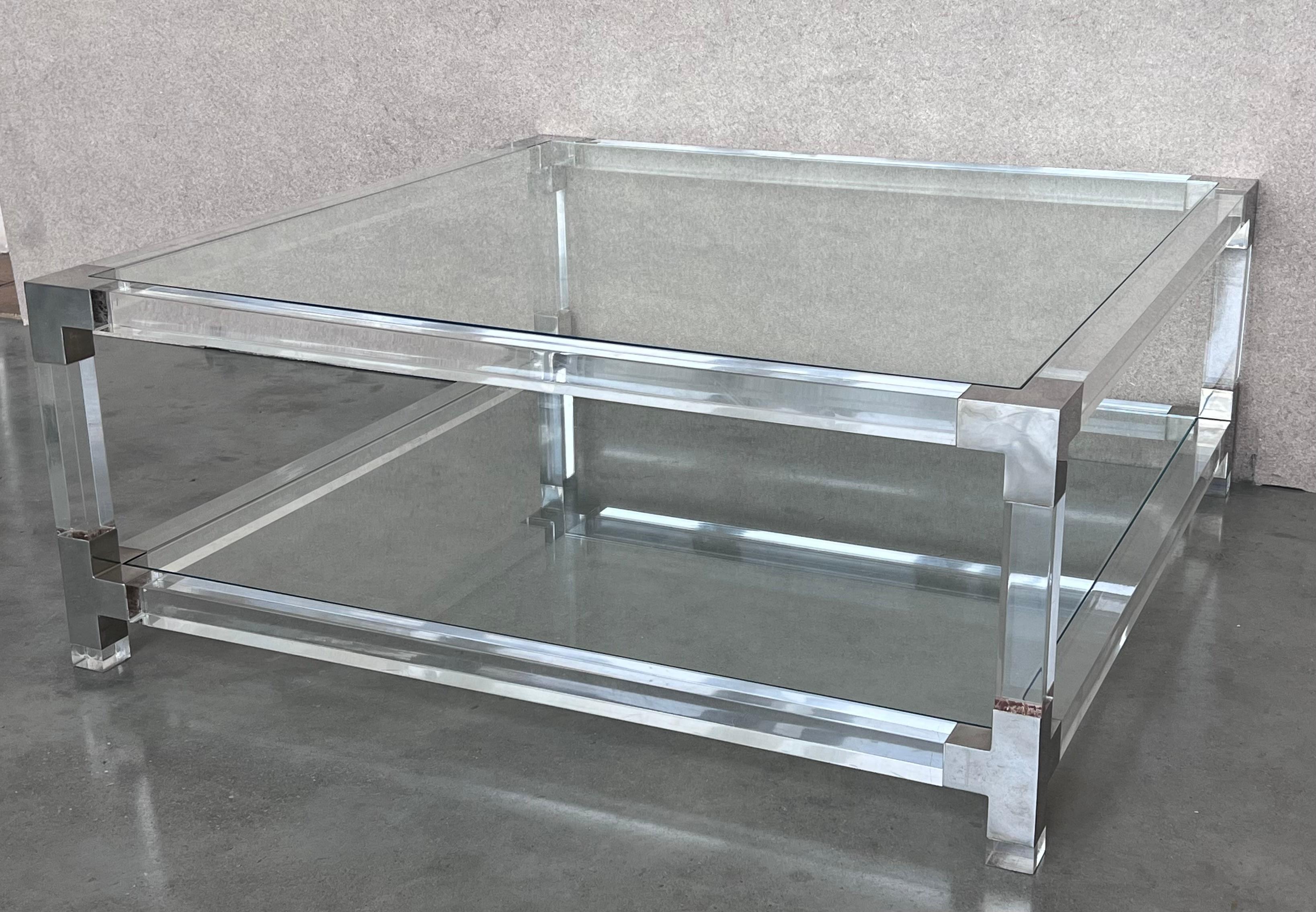 Midcentury Square Lucite Coffee Table with Chromed Metal Details For Sale 3