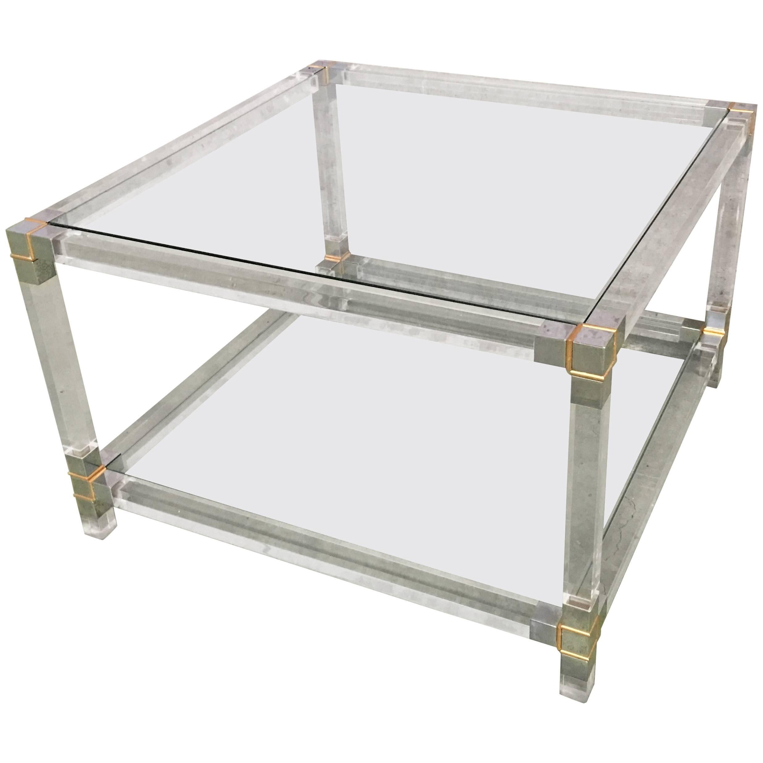 Midcentury Square Lucite Coffee Table with Chromed Metal Details For Sale