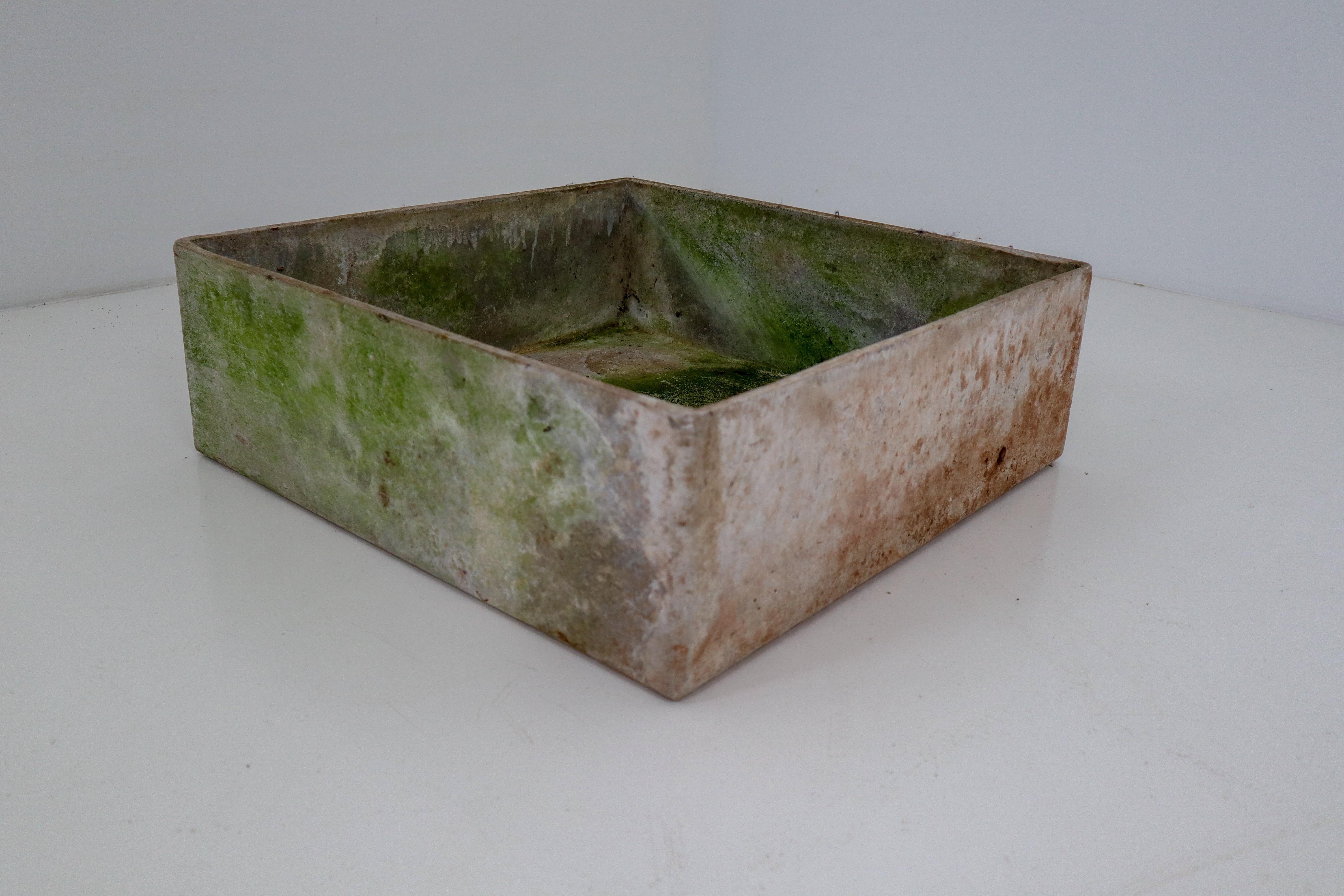 Rare midcentury square concrete planter by Swiss architect Willy Guhl for Eternit. Excellent patina and coloring. Great sculptural planter or garden objects. Perfect for indoors or outside.
