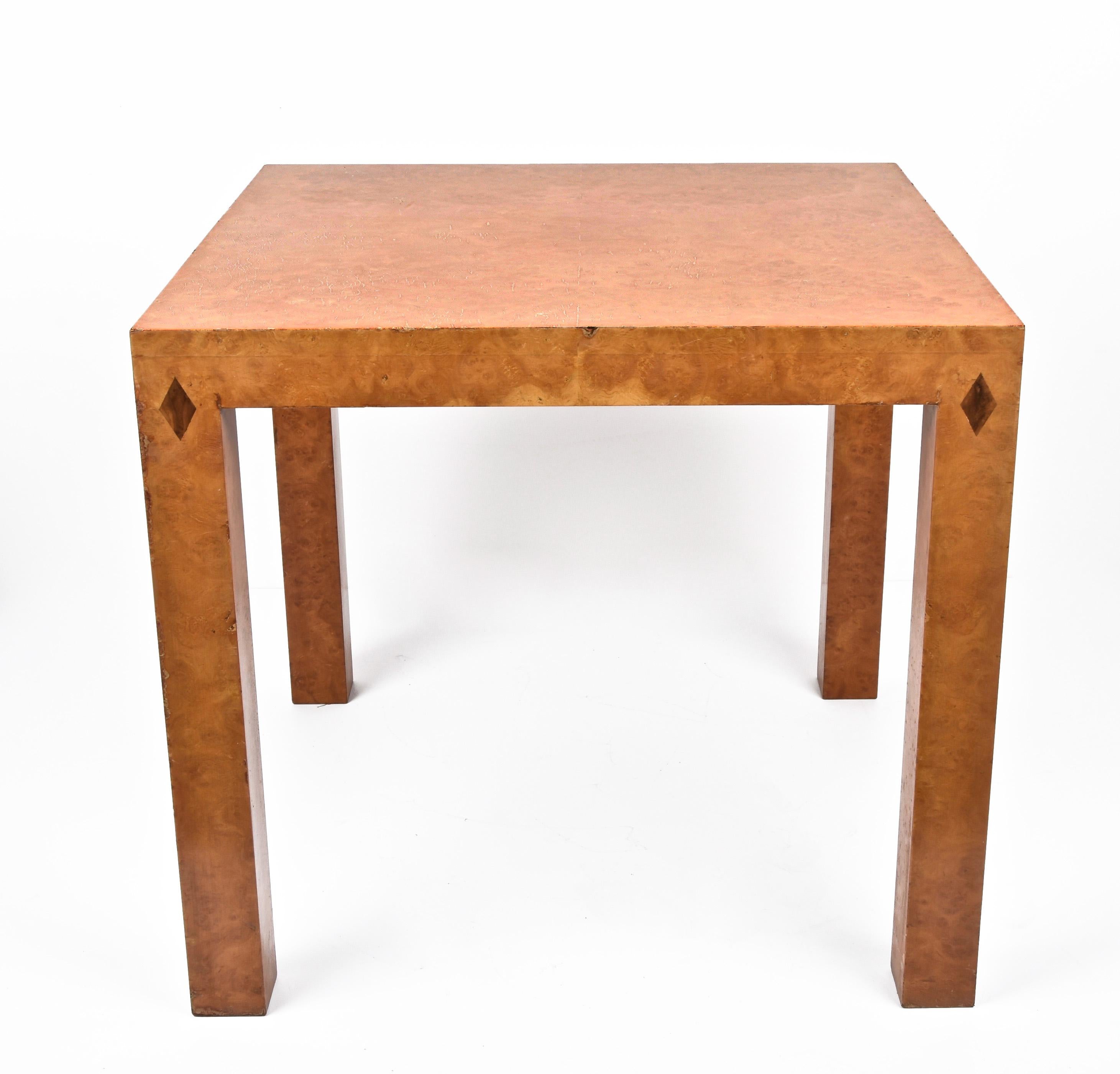 Amazing game table or square side table in poplar briar with inlays. This wonderful piece was designed in Italy during the 1970s in the style of Willy Rizzo.

The lovely colour of the briar, mixed with clean lines and precise inlays make it very
