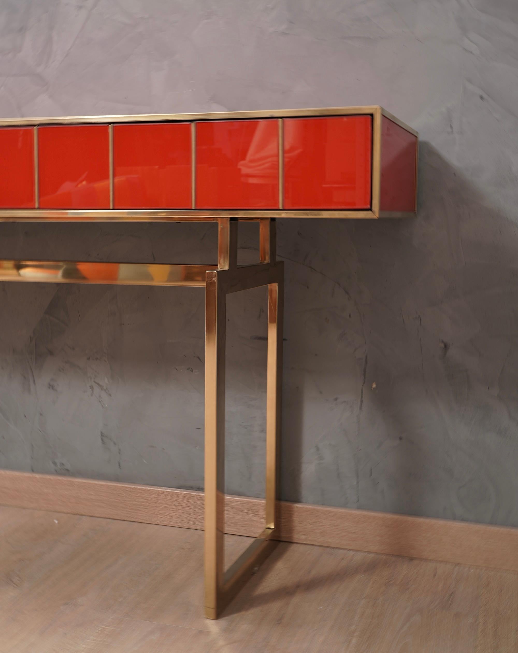 Mid-Century Modern MidCentury Square Red Color Glass and Brass Console Table, 1980