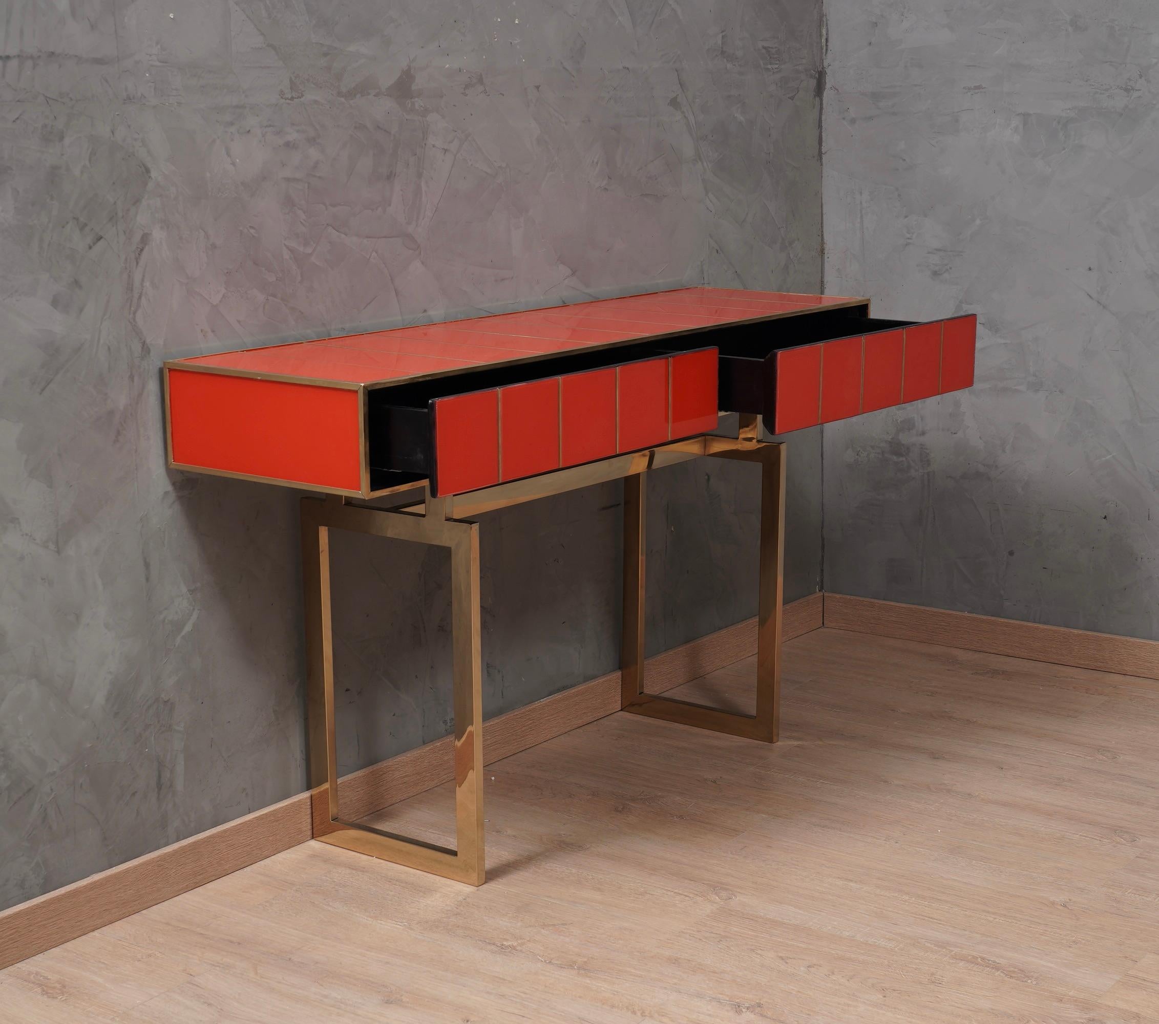 Italian MidCentury Square Red Color Glass and Brass Console Table, 1980