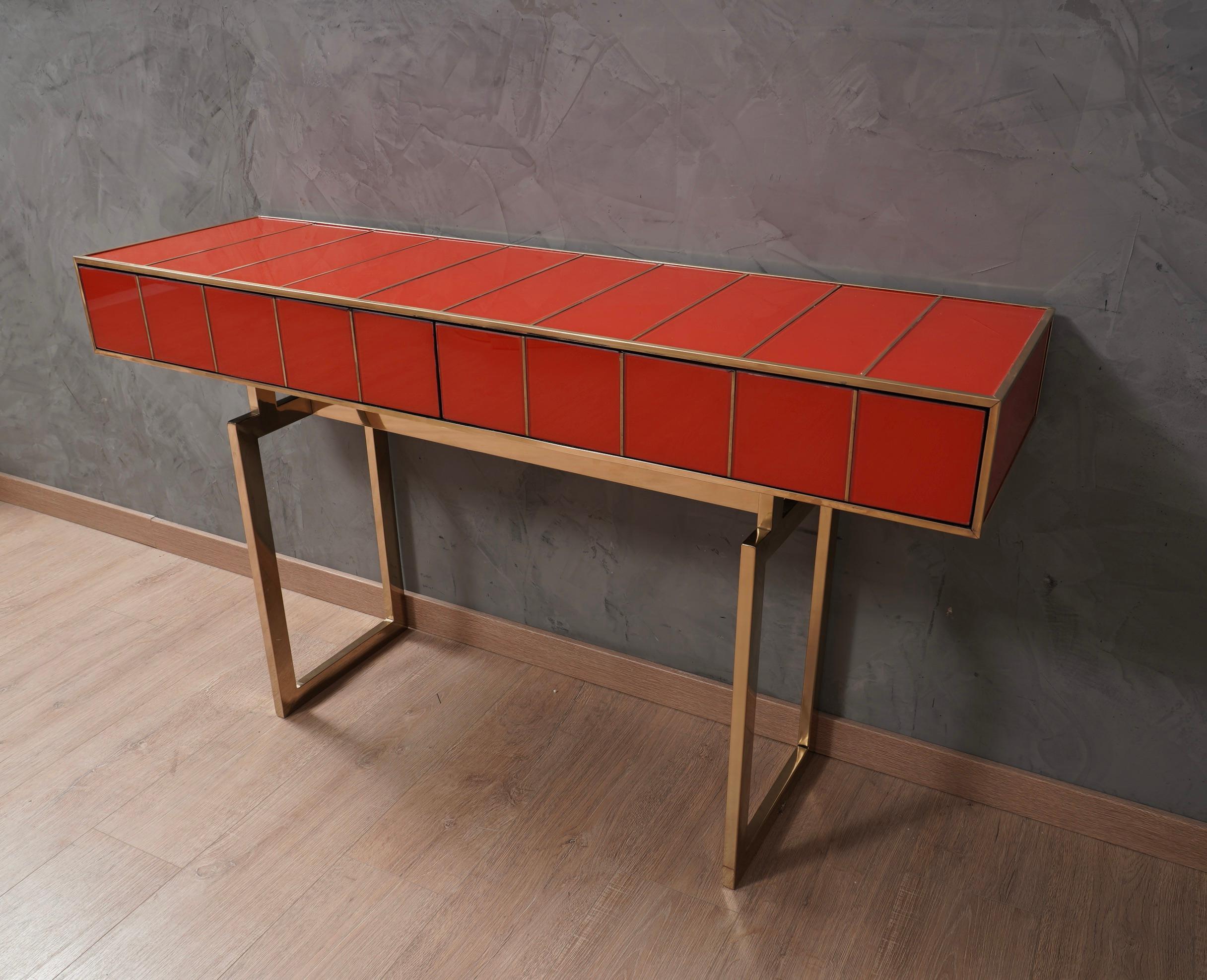 Late 20th Century MidCentury Square Red Color Glass and Brass Console Table, 1980