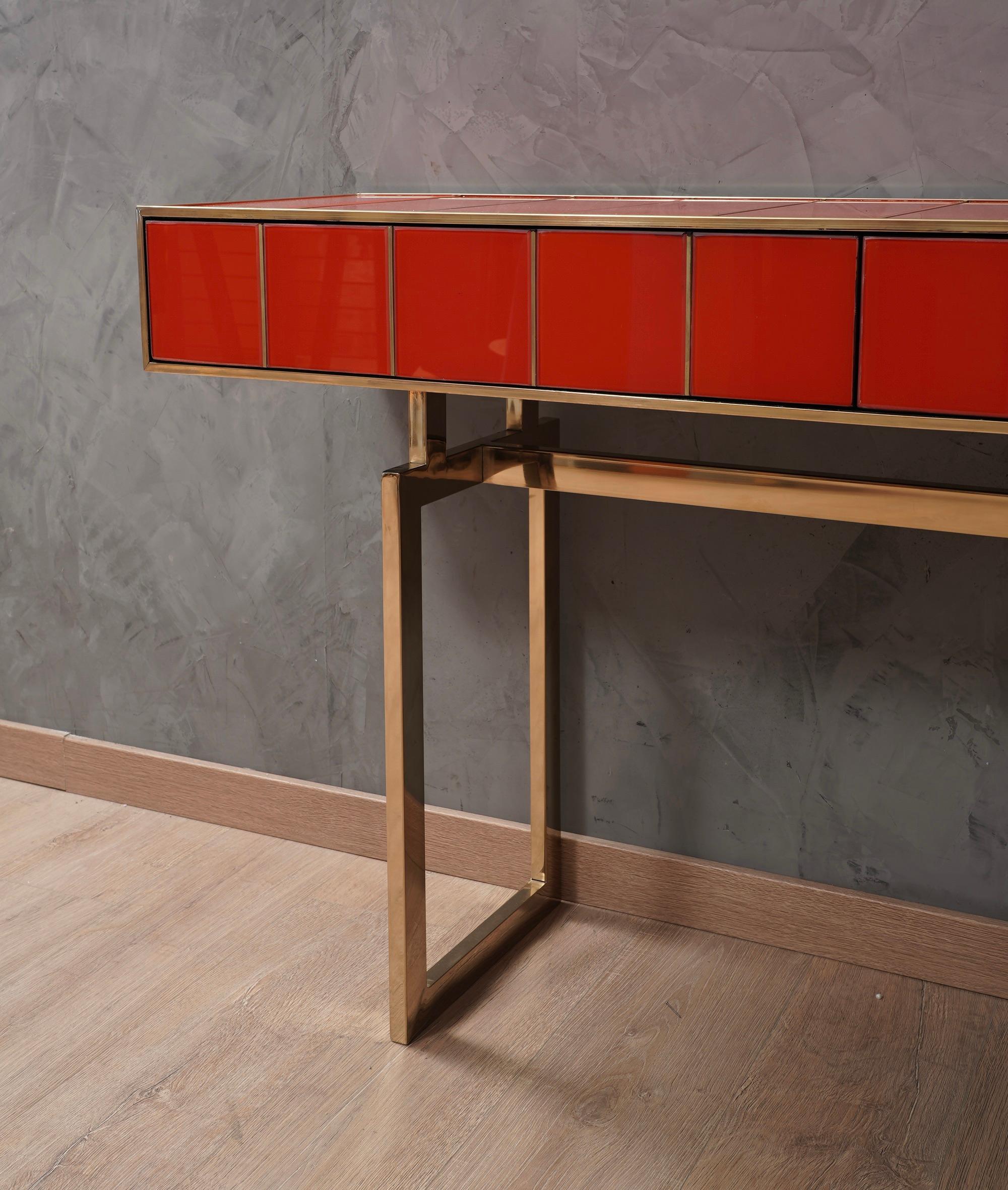 MidCentury Square Red Color Glass and Brass Console Table, 1980 1