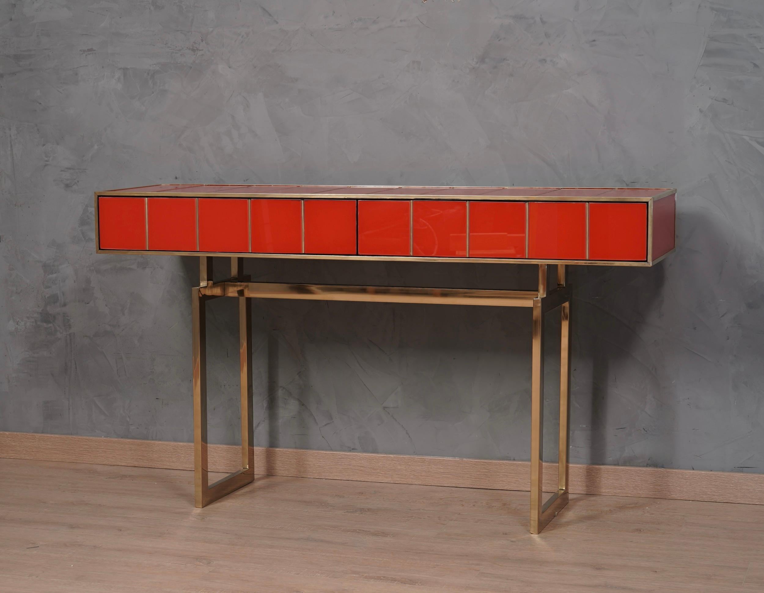 MidCentury Square Red Color Glass and Brass Console Table, 1980 2