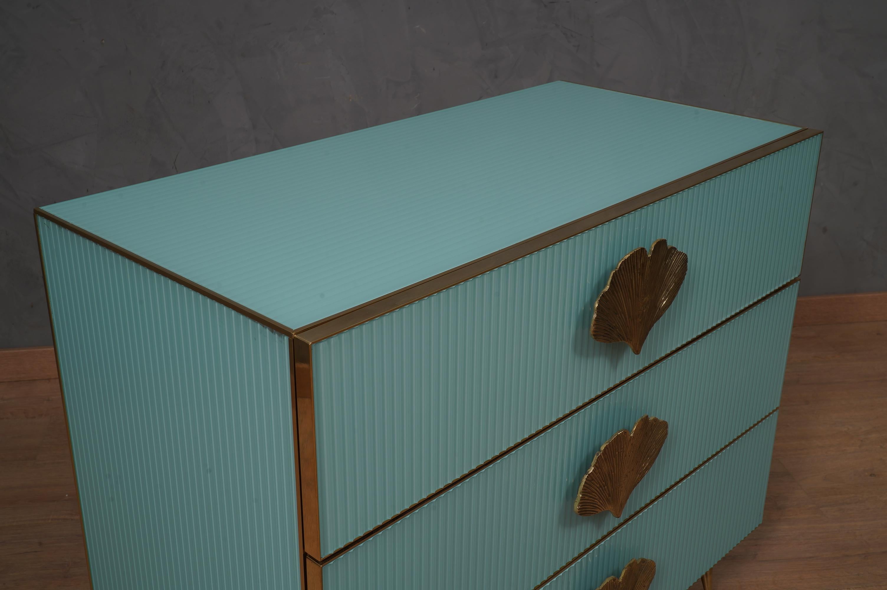 Square Sky Blue Color Glass and Brass Commode, 2000 For Sale 4