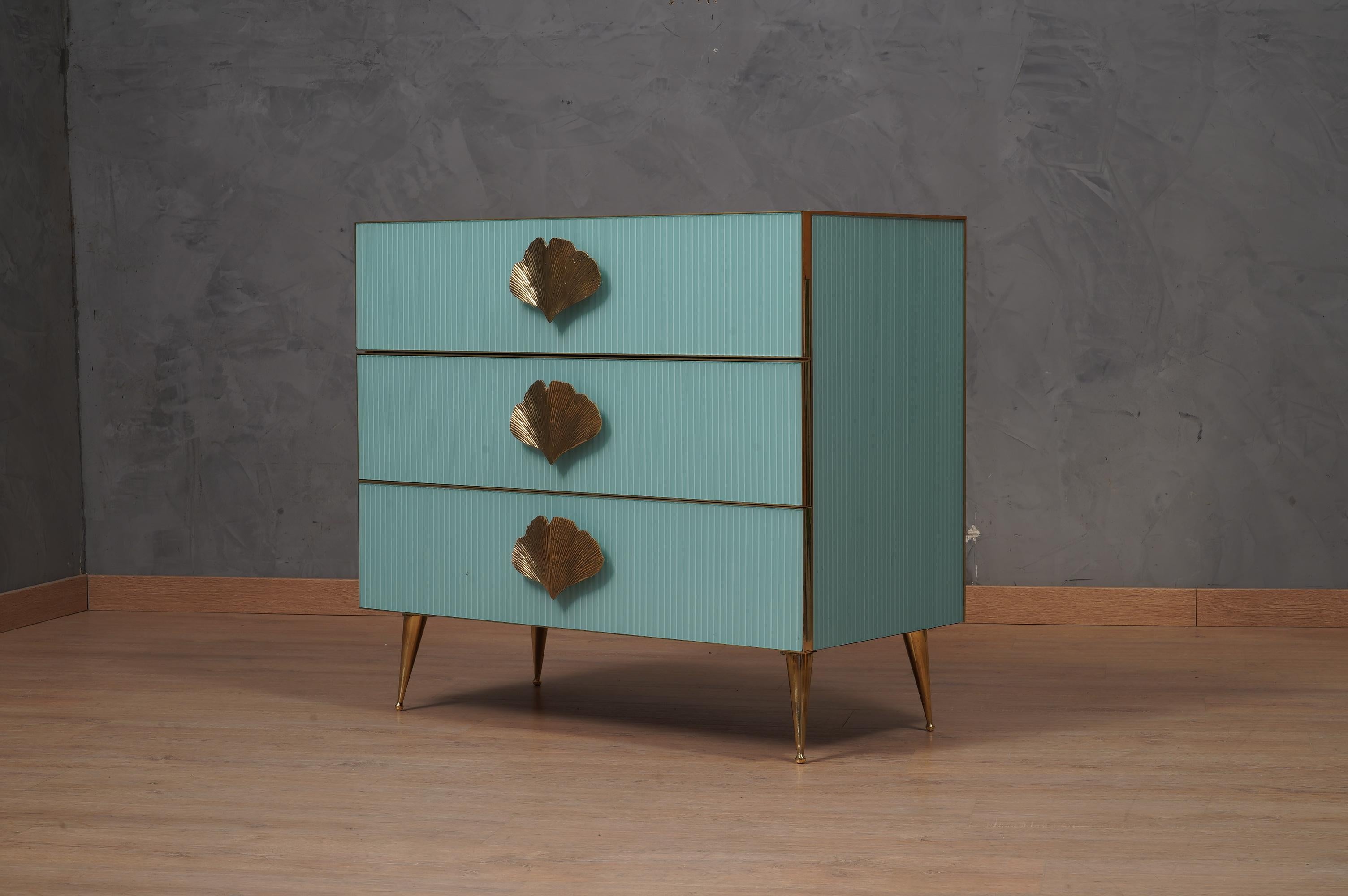 Square Sky Blue Color Glass and Brass Commode, 2000 In Good Condition For Sale In Rome, IT