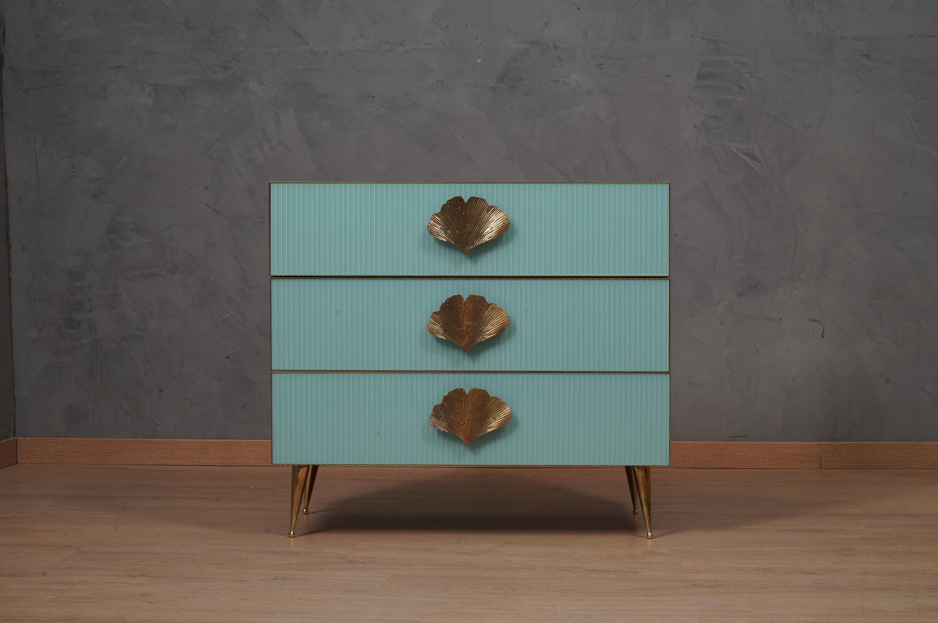 Contemporary Square Sky Blue Color Glass and Brass Commode, 2000 For Sale